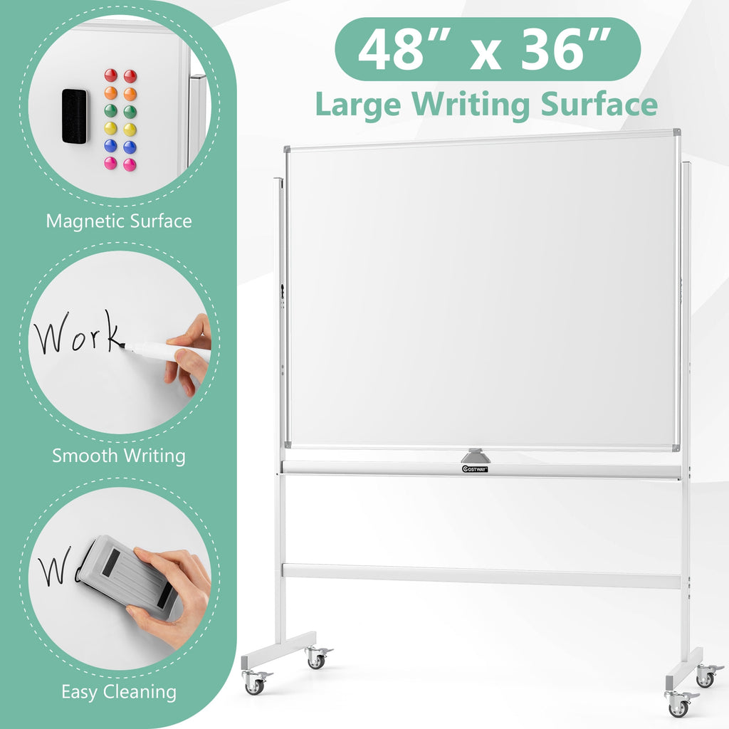 48 x 36 Inches Rolling Double-Sided Whiteboard with Magnetic Surface-White
