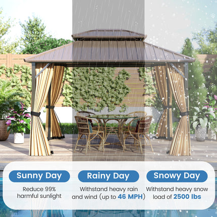 10 x 12 Feet Hardtop Gazebo with Netting and Curtain and Double-Roof Galvanized Metal Top
