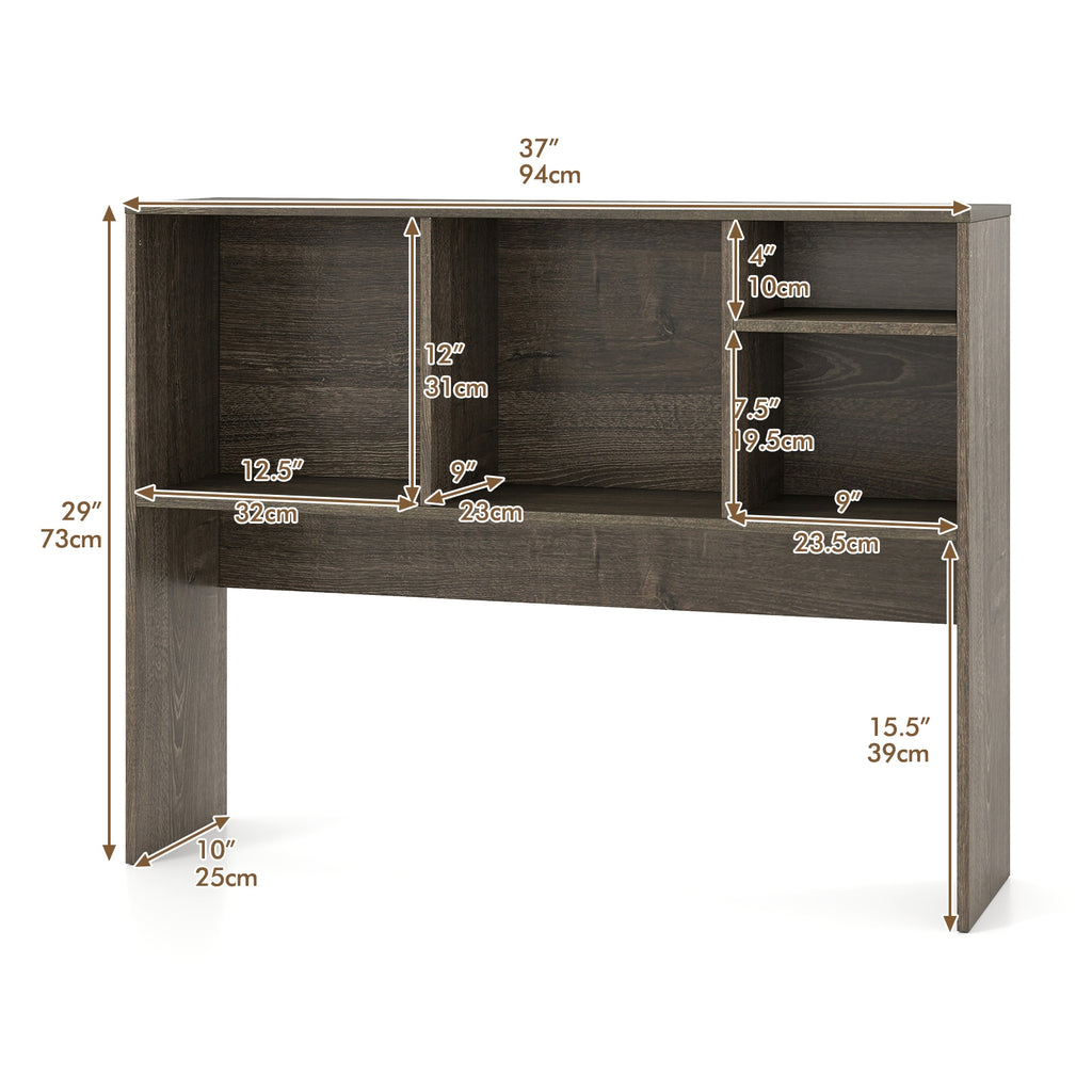 Computer Desktop Bookcase with 4 Cubbies and Open Back Compartment-Gray