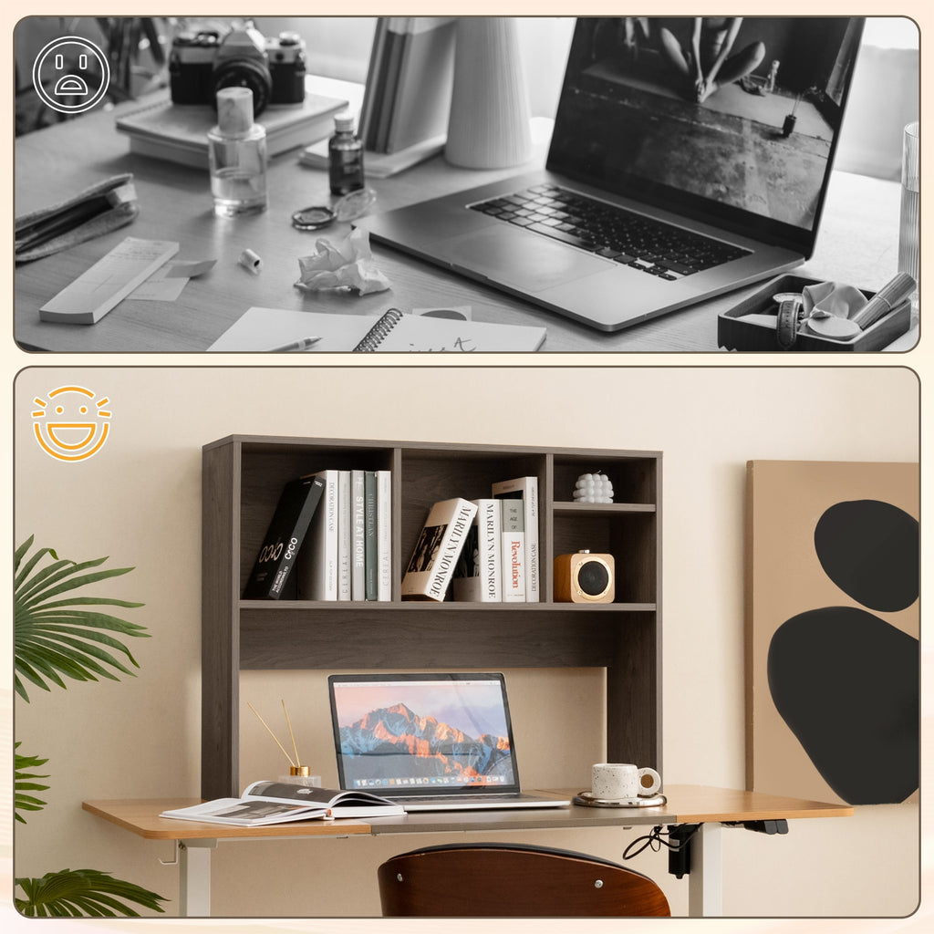 Computer Desktop Bookcase with 4 Cubbies and Open Back Compartment-Gray
