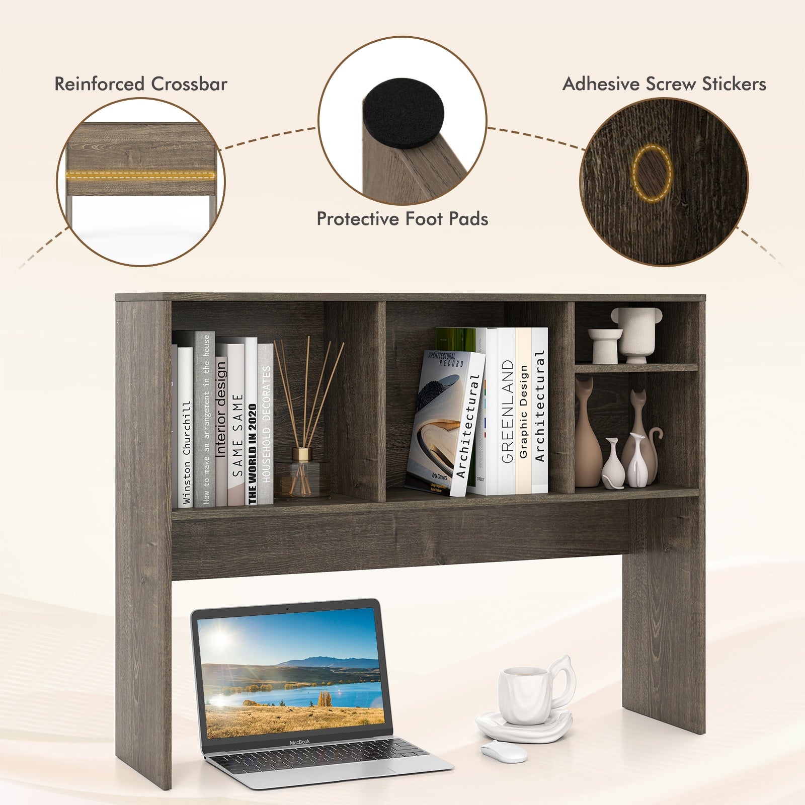 Computer Desktop Bookcase with 4 Cubbies and Open Back Compartment-Gray