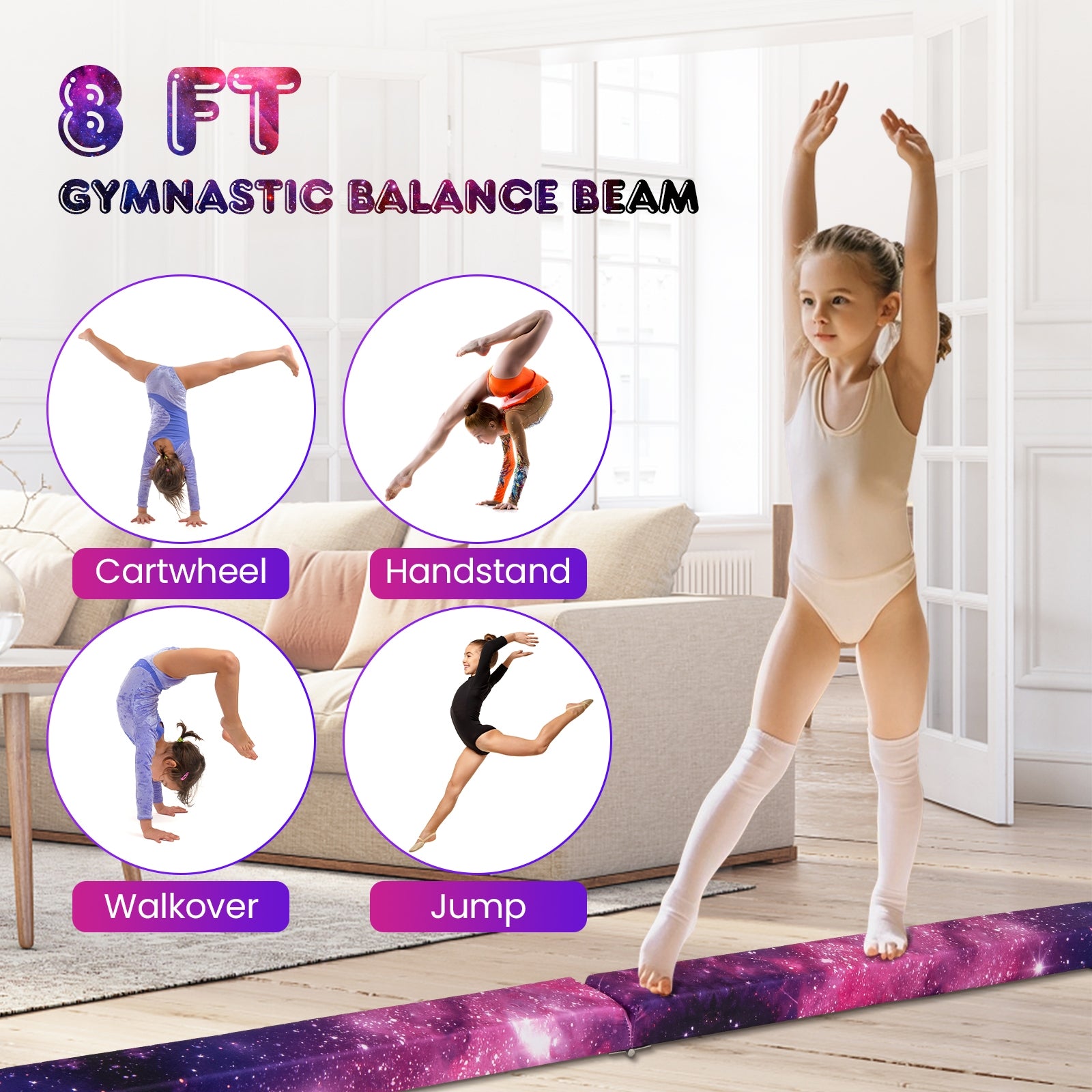 Folding Balance Beam with Solid Wood Base and Anti-slip Bottom-Pink