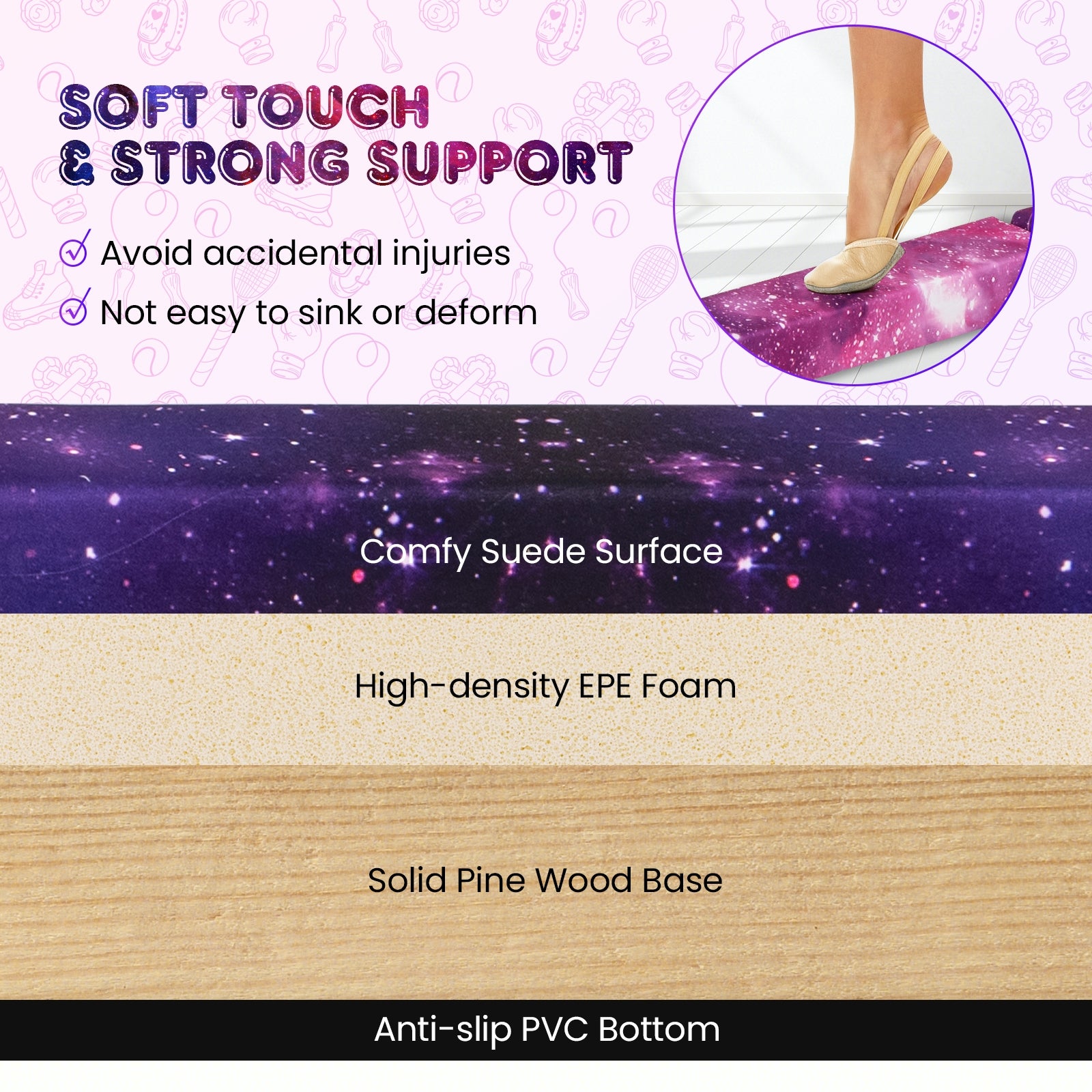Folding Balance Beam with Solid Wood Base and Anti-slip Bottom-Pink