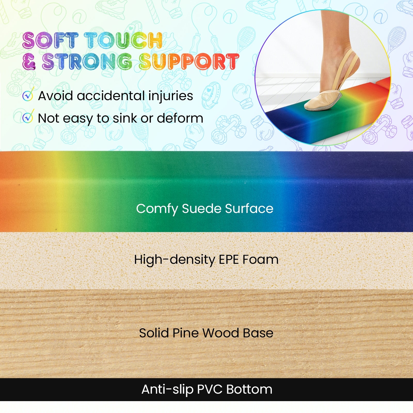 Folding Balance Beam with Solid Wood Base and Anti-slip Bottom-Multicolor