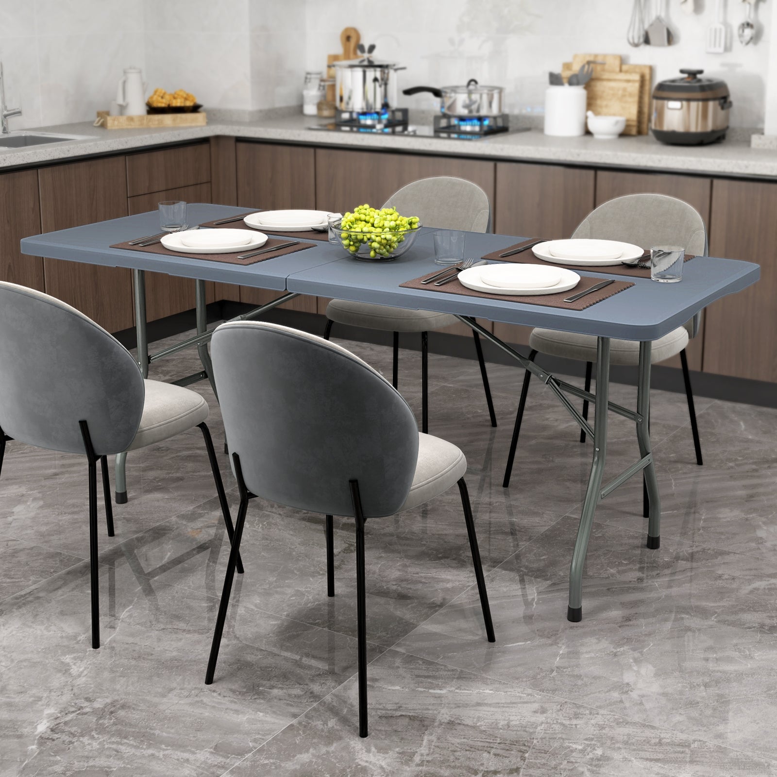 Table pliante portable de 1,8 m, capacité de 159 kg, plateau en polyéthylène haute densité – Gris