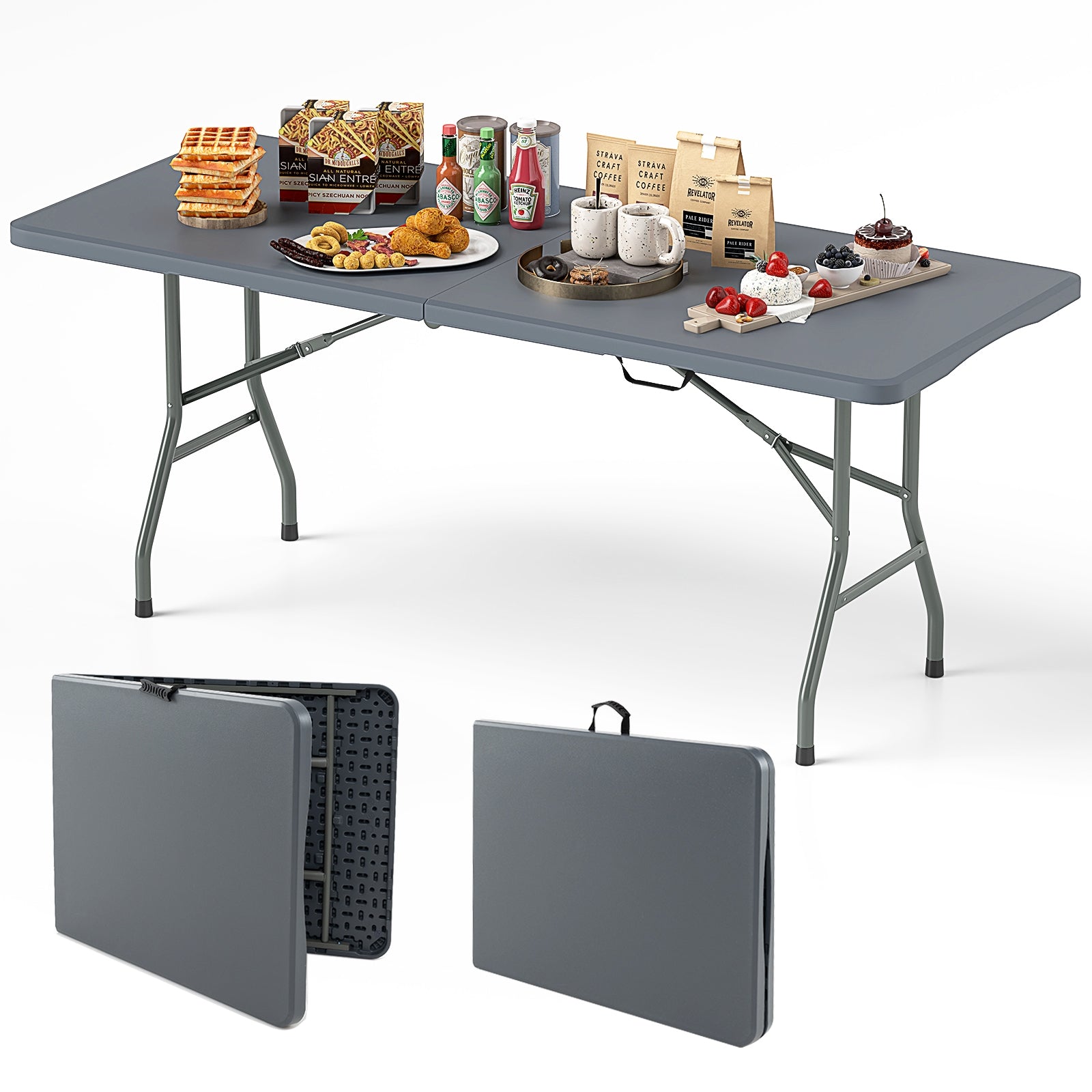 Table pliante portable de 1,8 m, capacité de 159 kg, plateau en polyéthylène haute densité – Gris