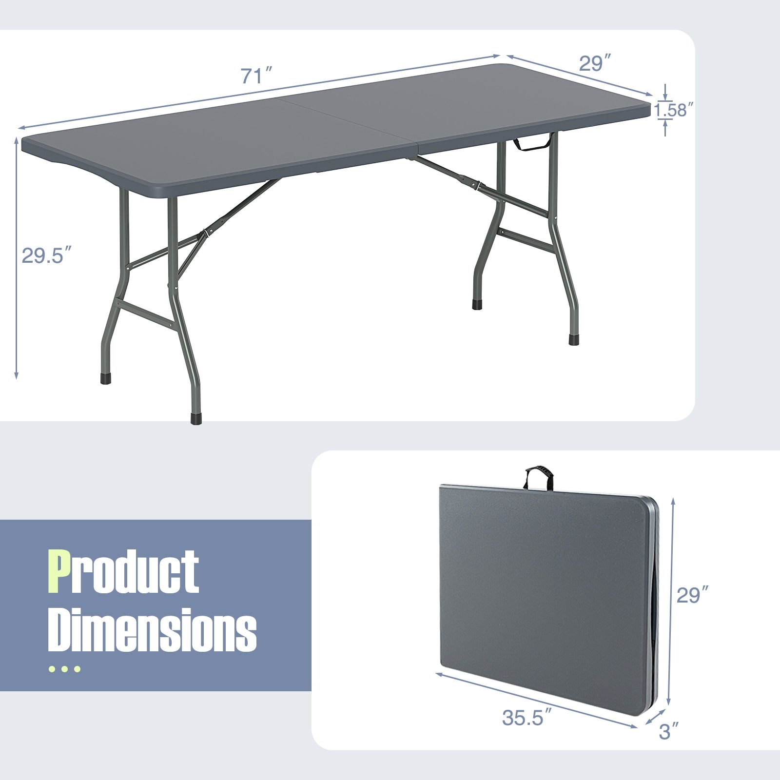 Table pliante portable de 1,8 m, capacité de 159 kg, plateau en polyéthylène haute densité – Gris