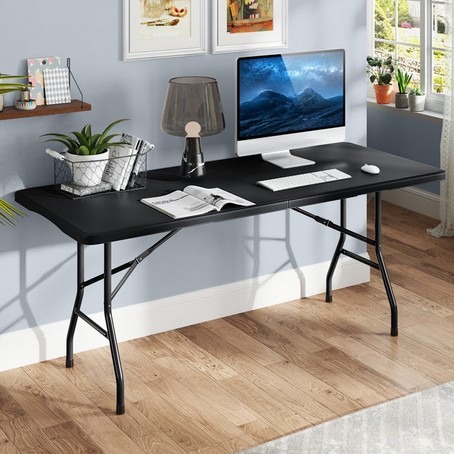 6 ft Portable Folding Table 350 LBS Fold-in-Half Table with HDPE Tabletop-Black
