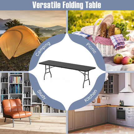 8 ft Portable Folding Table 350 LBS Fold-in-Half Table with HDPE Tabletop-Black