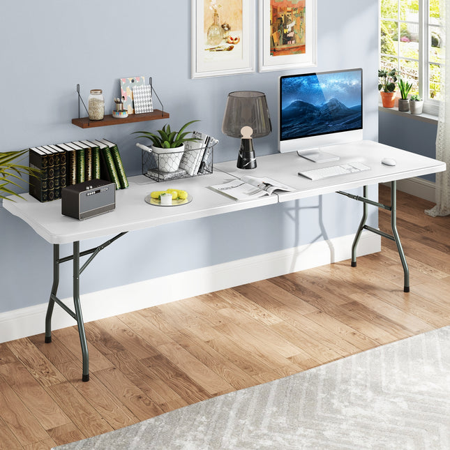 8 ft Portable Folding Table 350 LBS Fold-in-Half Table with HDPE Tabletop-White
