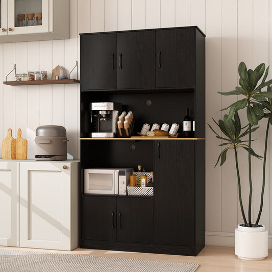 71" Tall Kitchen Pantry Cabinet with Charging Station Wooden Buffet Cupboard Sideboard-Black