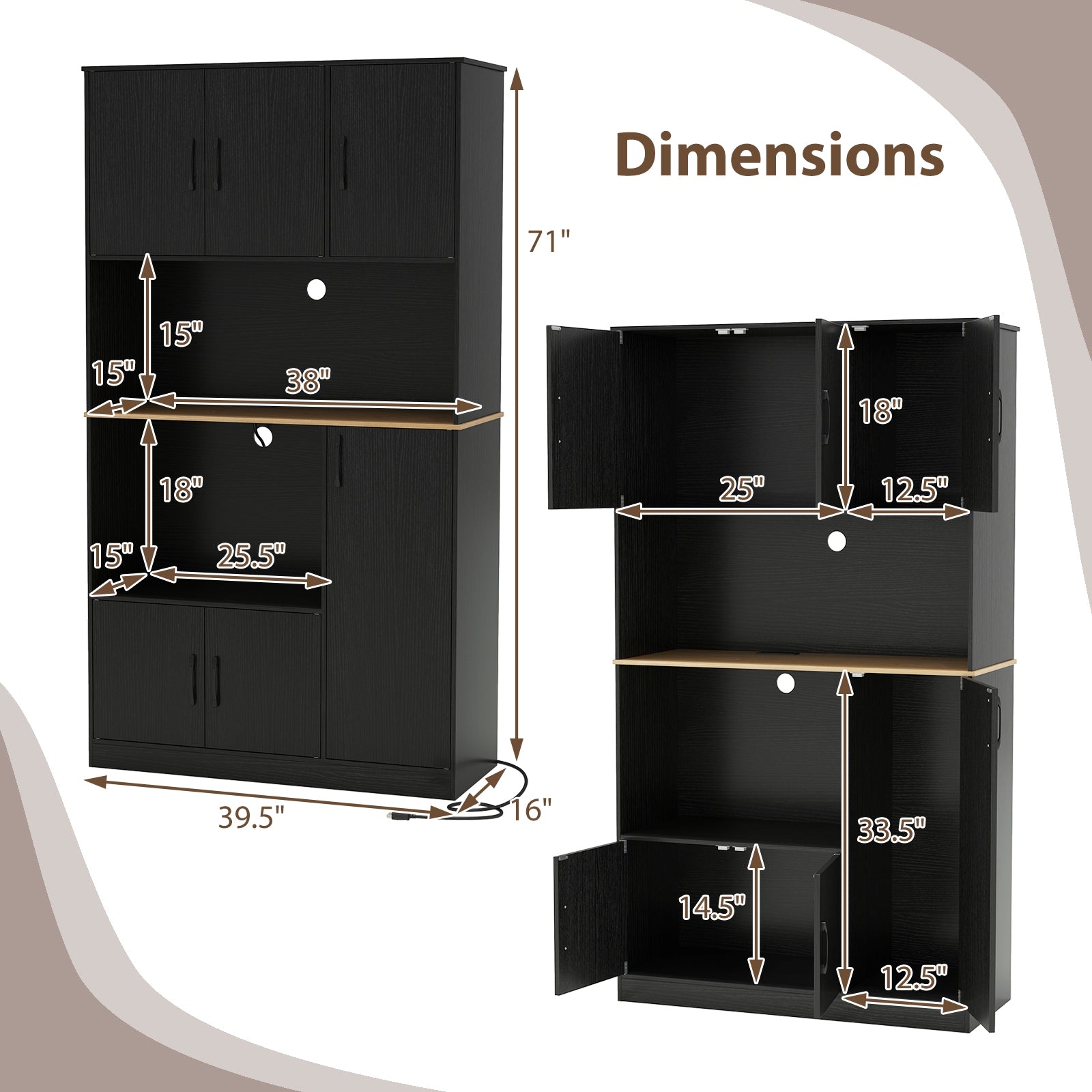 71" Tall Kitchen Pantry Cabinet with Charging Station Wooden Buffet Cupboard Sideboard-Black