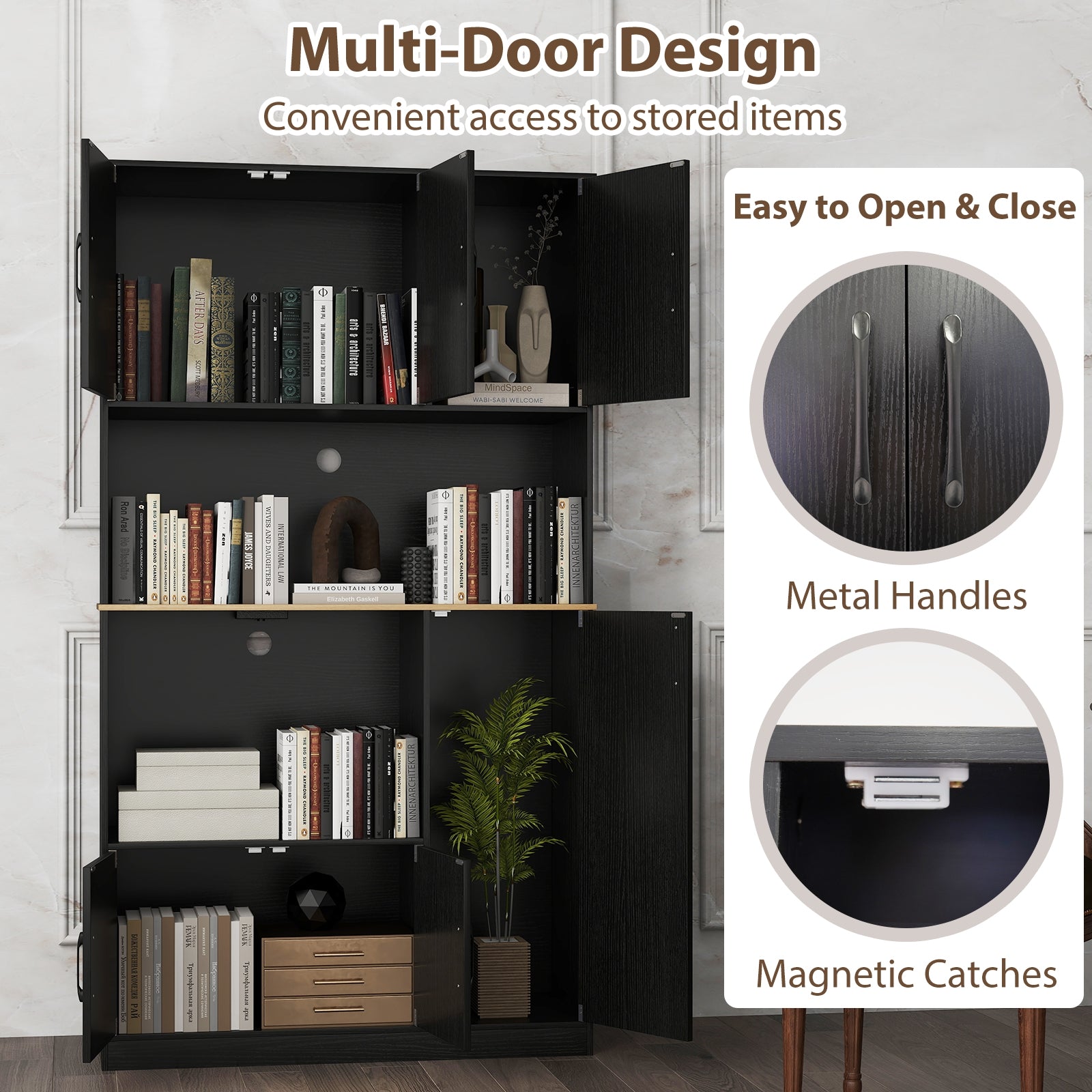 71" Tall Kitchen Pantry Cabinet with Charging Station Wooden Buffet Cupboard Sideboard-Black