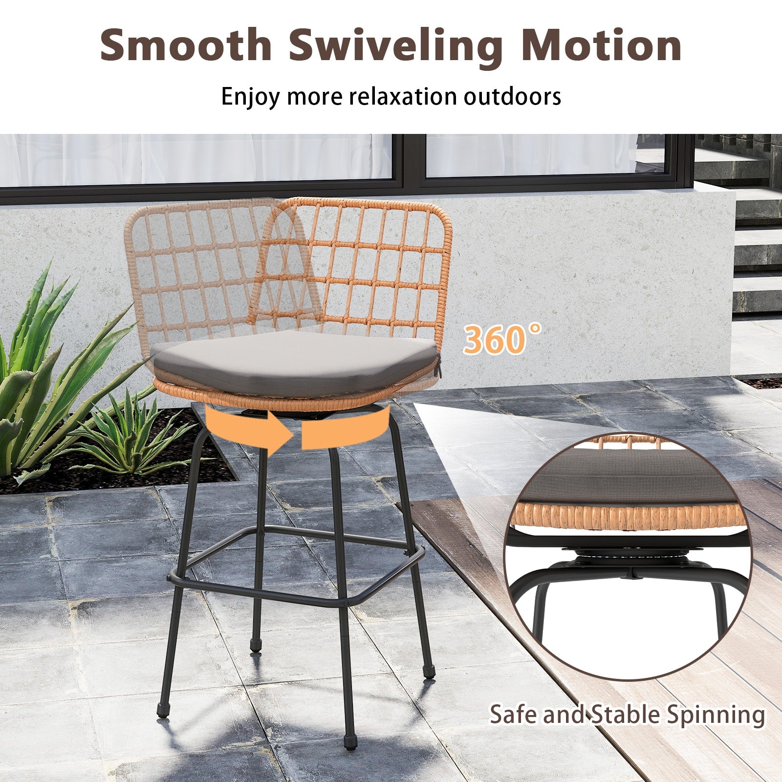 Patio Swivel Barstools Set of 2 with Soft Seat Cushions-Gray