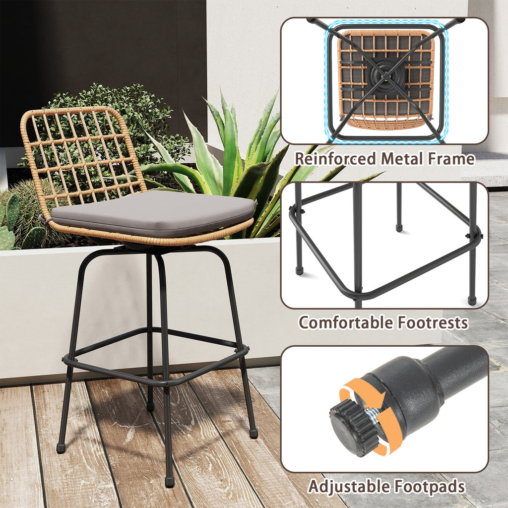 Patio Swivel Barstools Set of 2 with Soft Seat Cushions-Gray