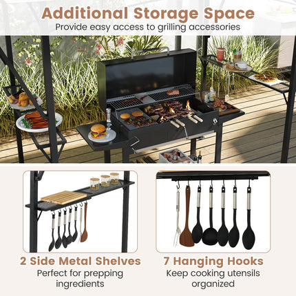 13 x 5 Feet Grill Gazebo with Dual Side Awnings and 2 Shelves Adjustable Shadow-Coffee