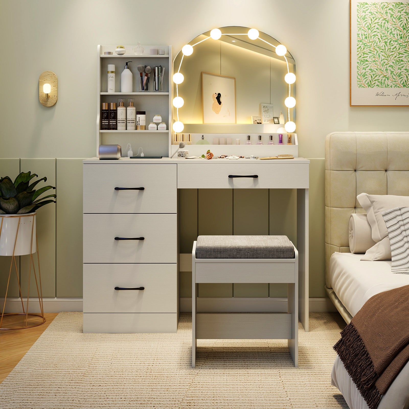Makeup Vanity Desk Dressing Table and Stool Set with Mirror and Lights-White