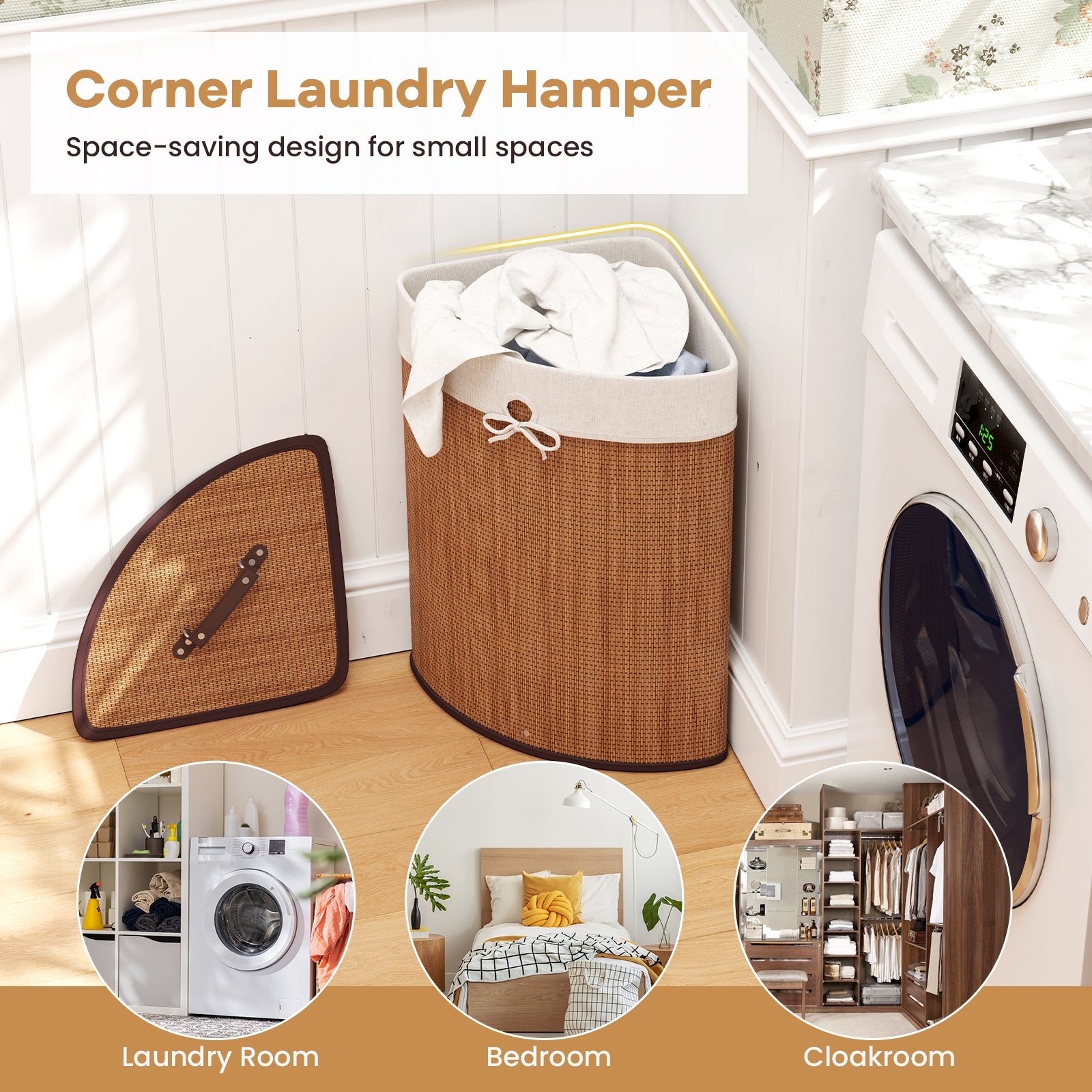 Bamboo Laundry Hamper Basket with Lid and Removable Liner Bag-Yellow