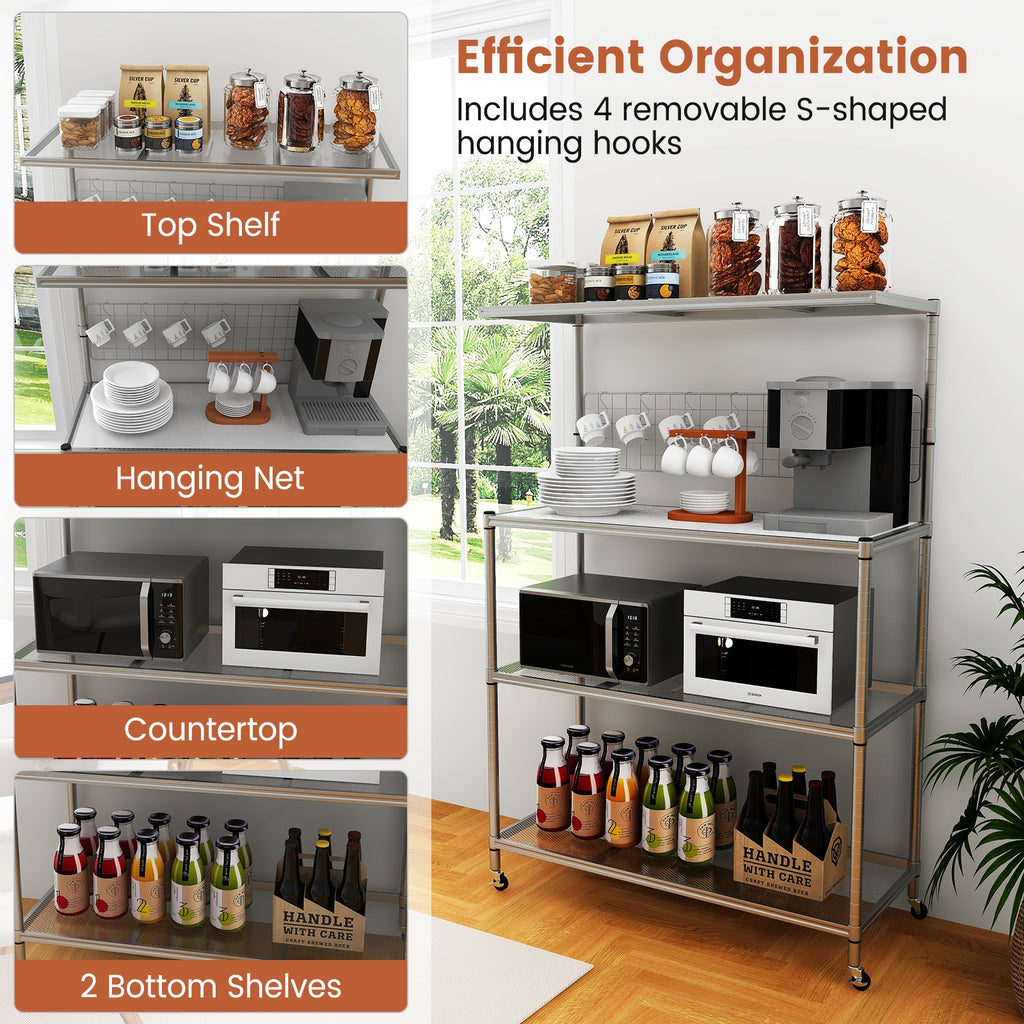 4-Tier Bakers Rack on Wheels with Adjustable Shelves-Silver