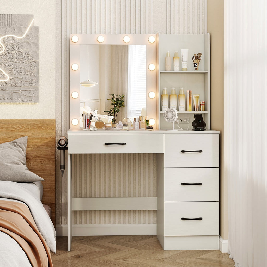 Vanity Desk with 3-Color Lights and Power Outlets-White