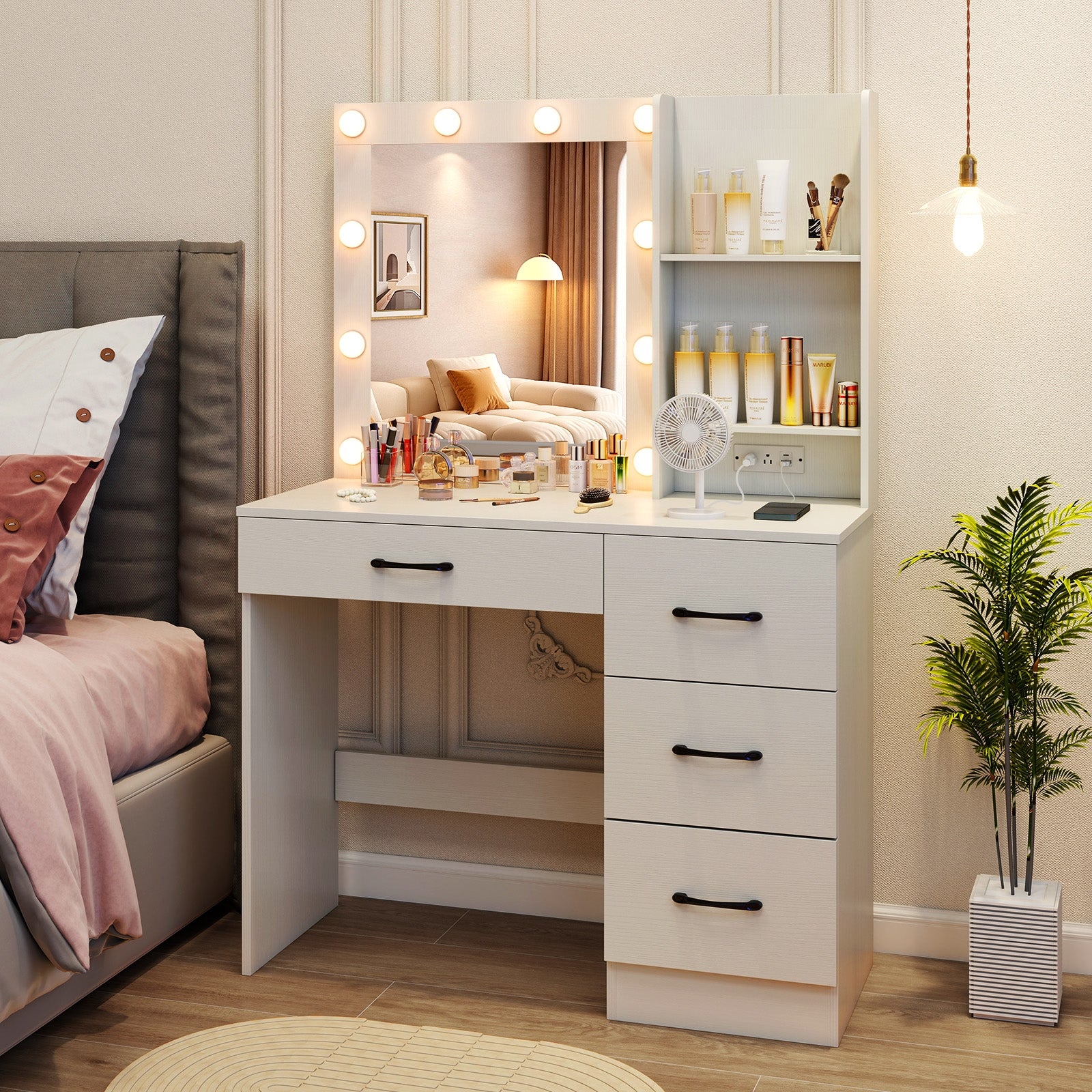 Vanity Desk with 3-Color Lights and Power Outlets-White