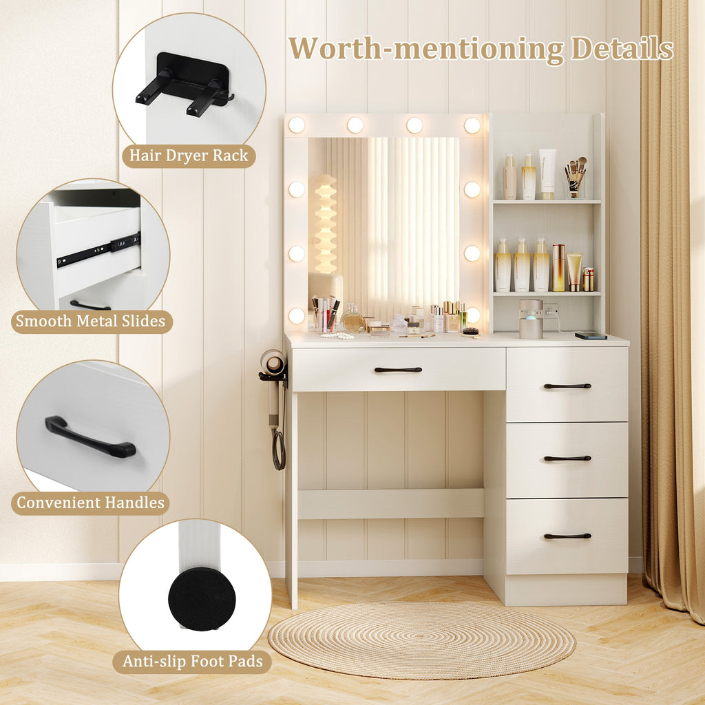 Vanity Desk with 3-Color Lights and Power Outlets-White