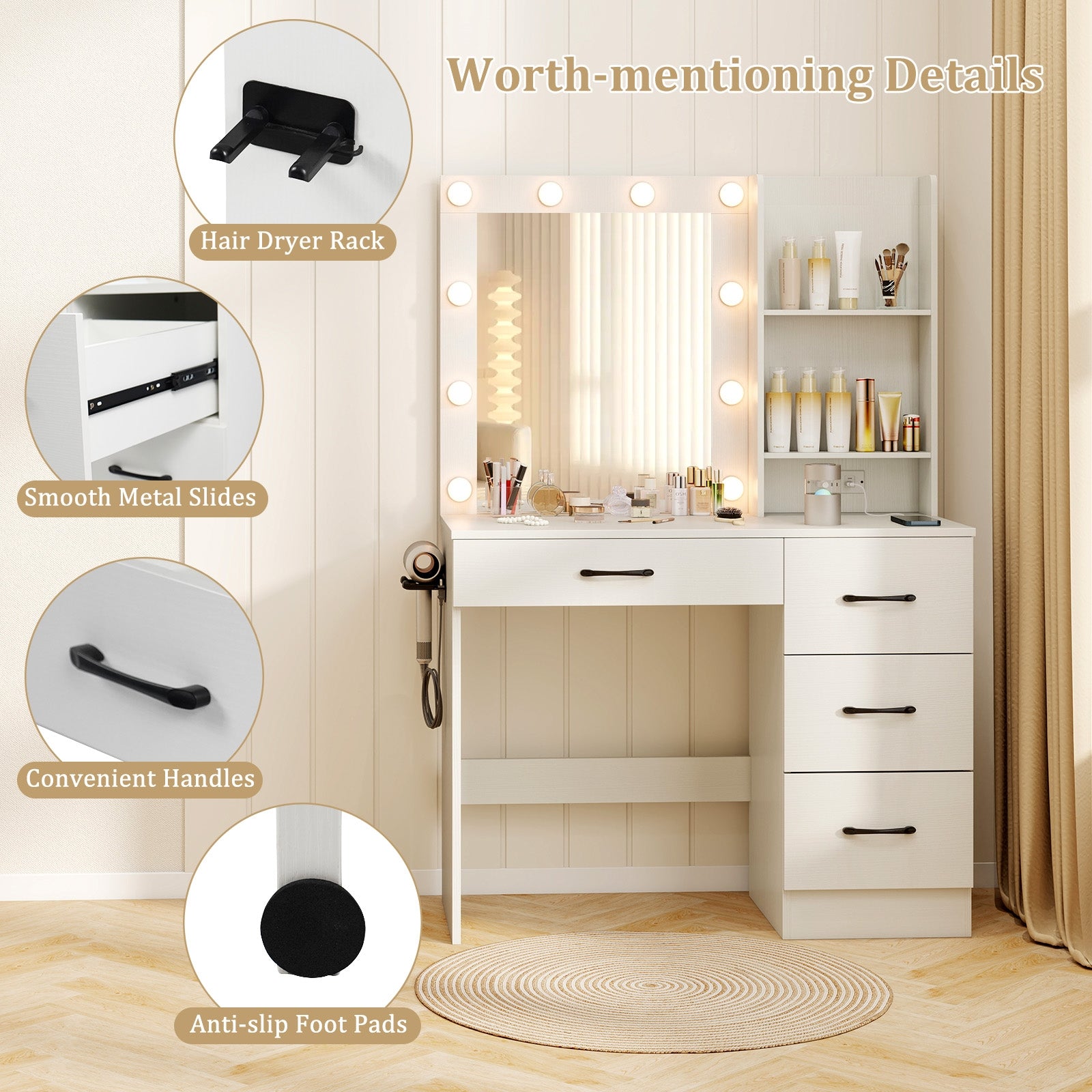 Vanity Desk with 3-Color Lights and Power Outlets-White