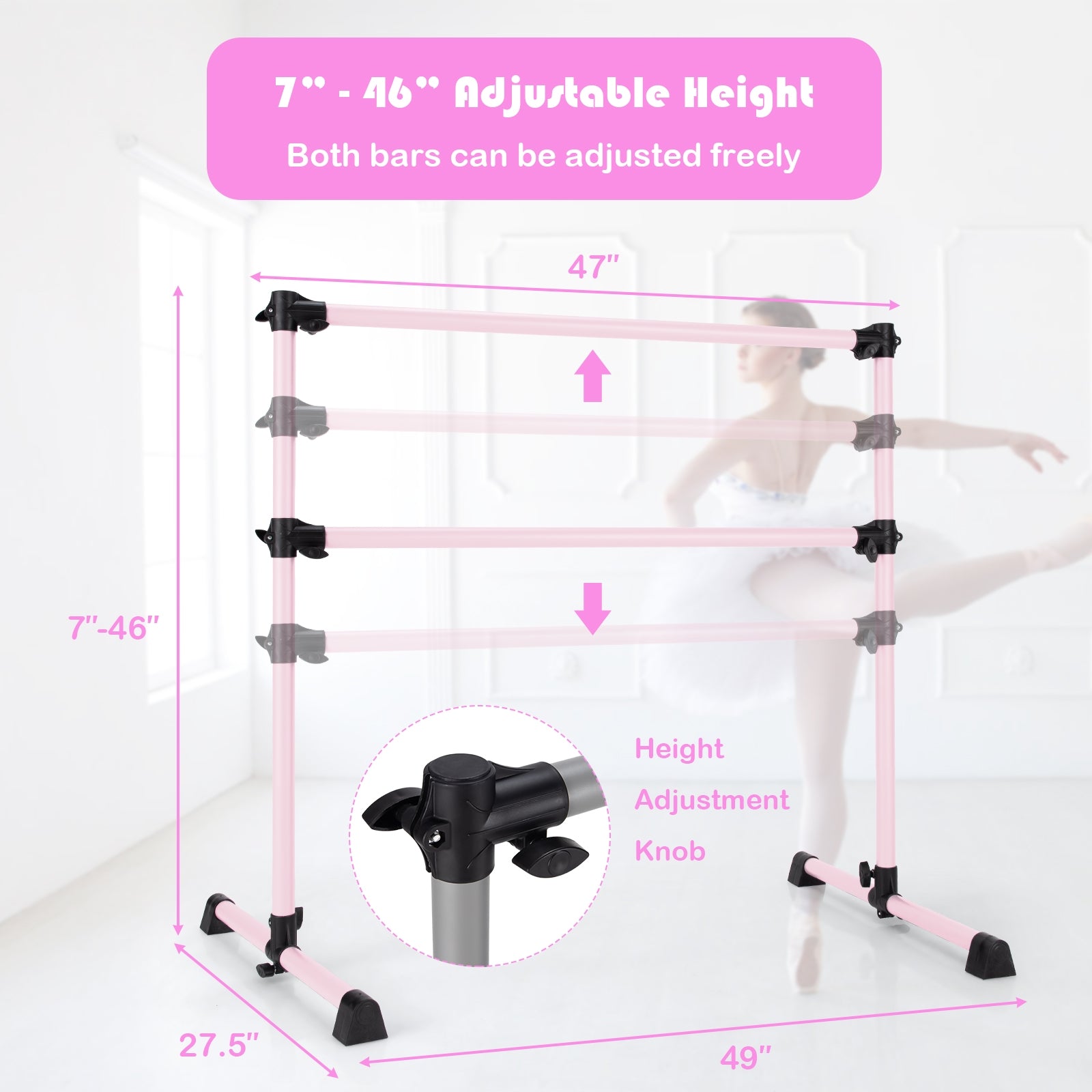 4 Feet Double Ballet Barre Bar with Adjustable Height-Pink