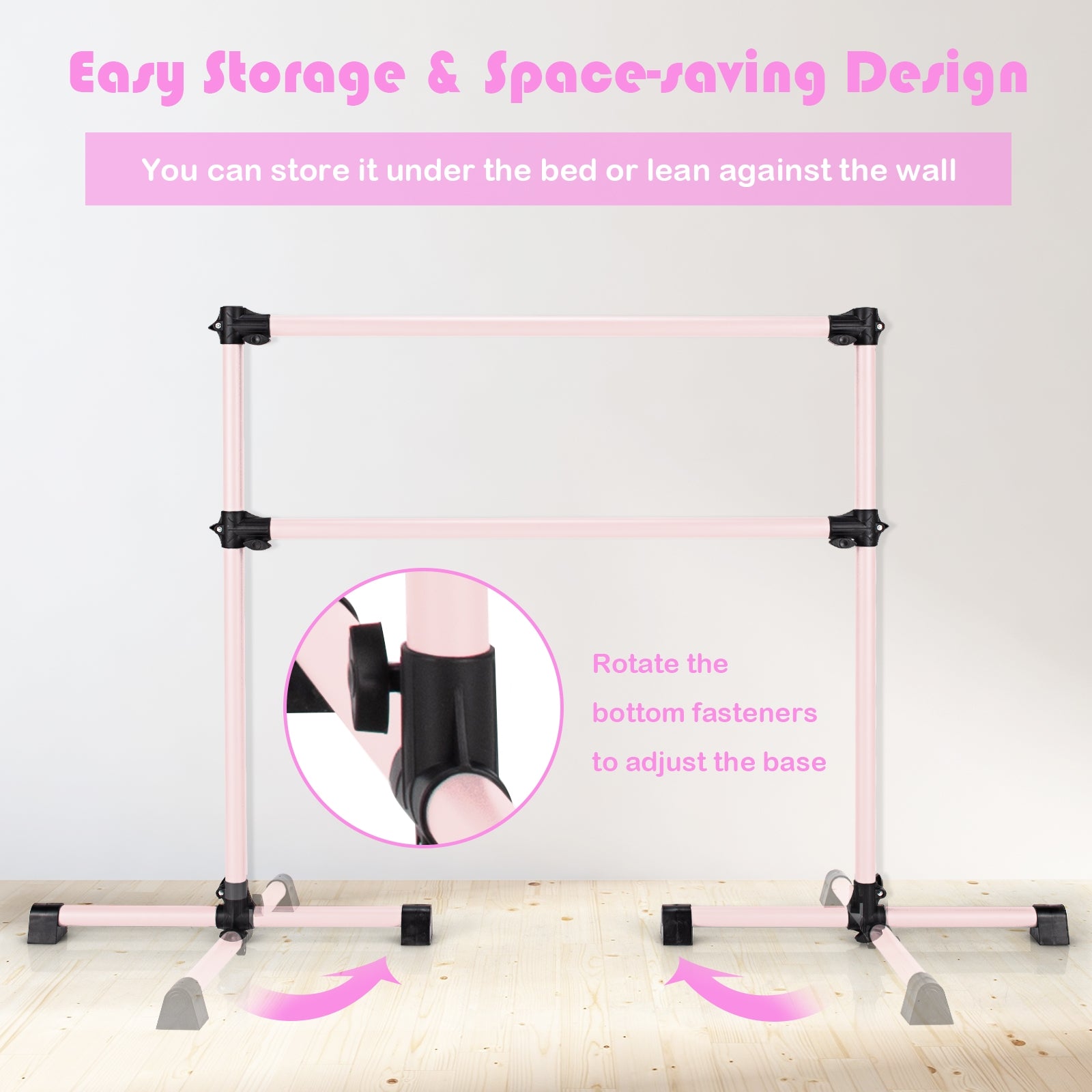 4 Feet Double Ballet Barre Bar with Adjustable Height-Pink