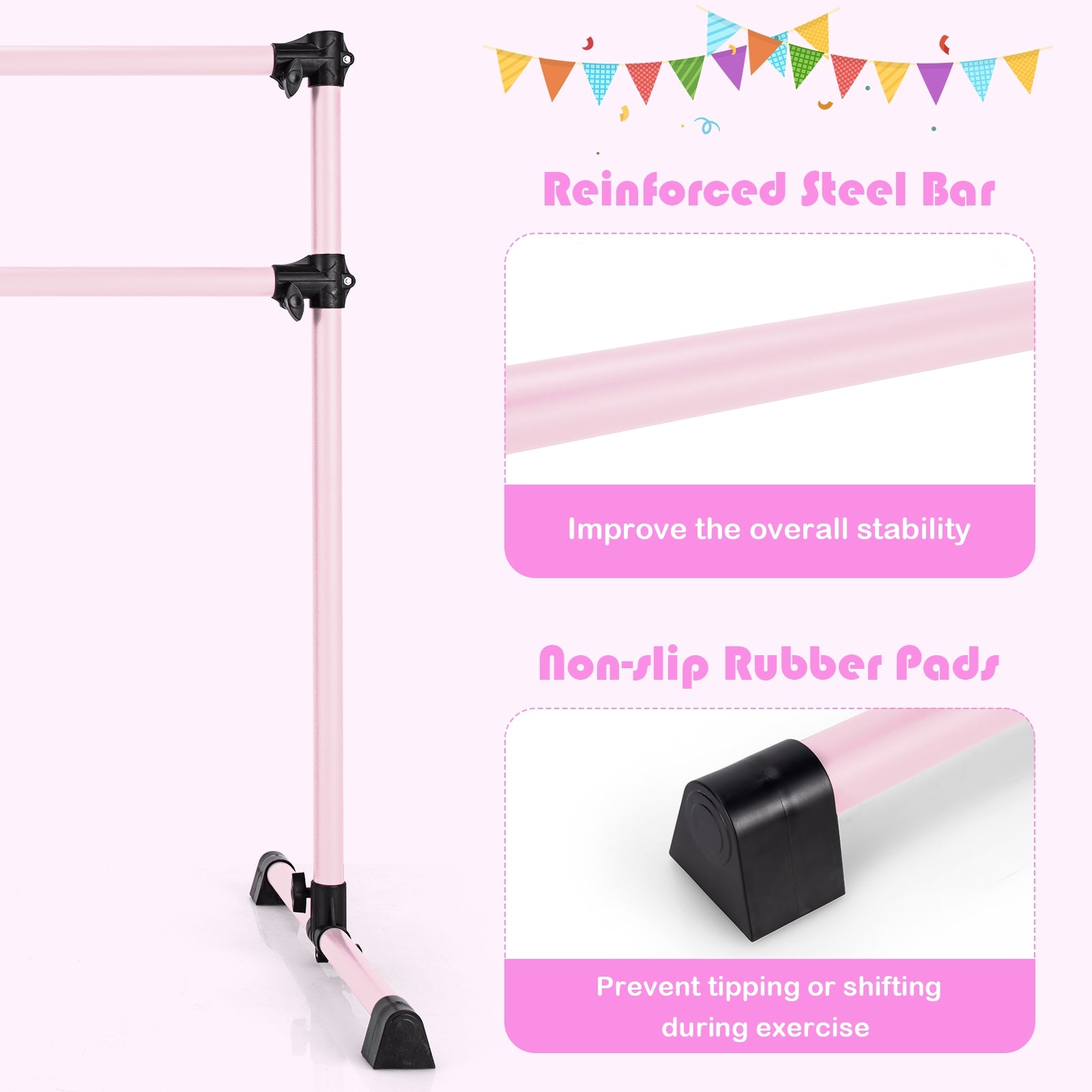 4 Feet Double Ballet Barre Bar with Adjustable Height-Pink
