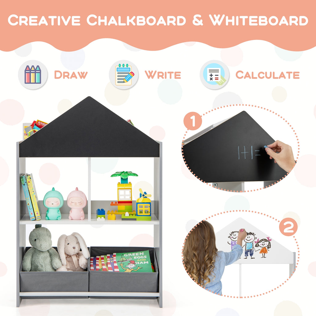 Playhouse Kids Bookshelf with Chalkboard and Whiteboard for 3-6 Years-Gray