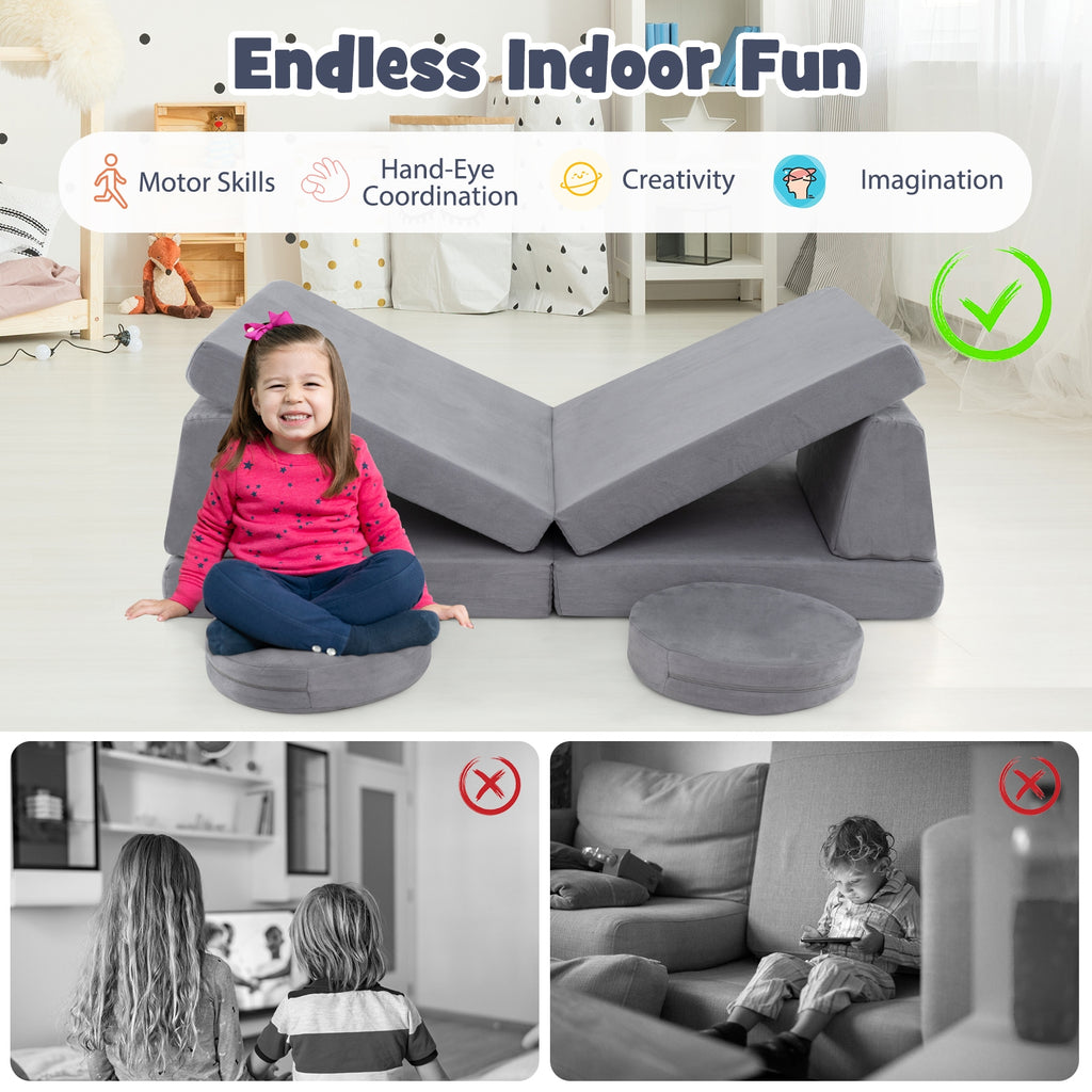 6 Pieces Modular Kids Play Couch Set with Washable Covers for Living Room Playroom-Gray