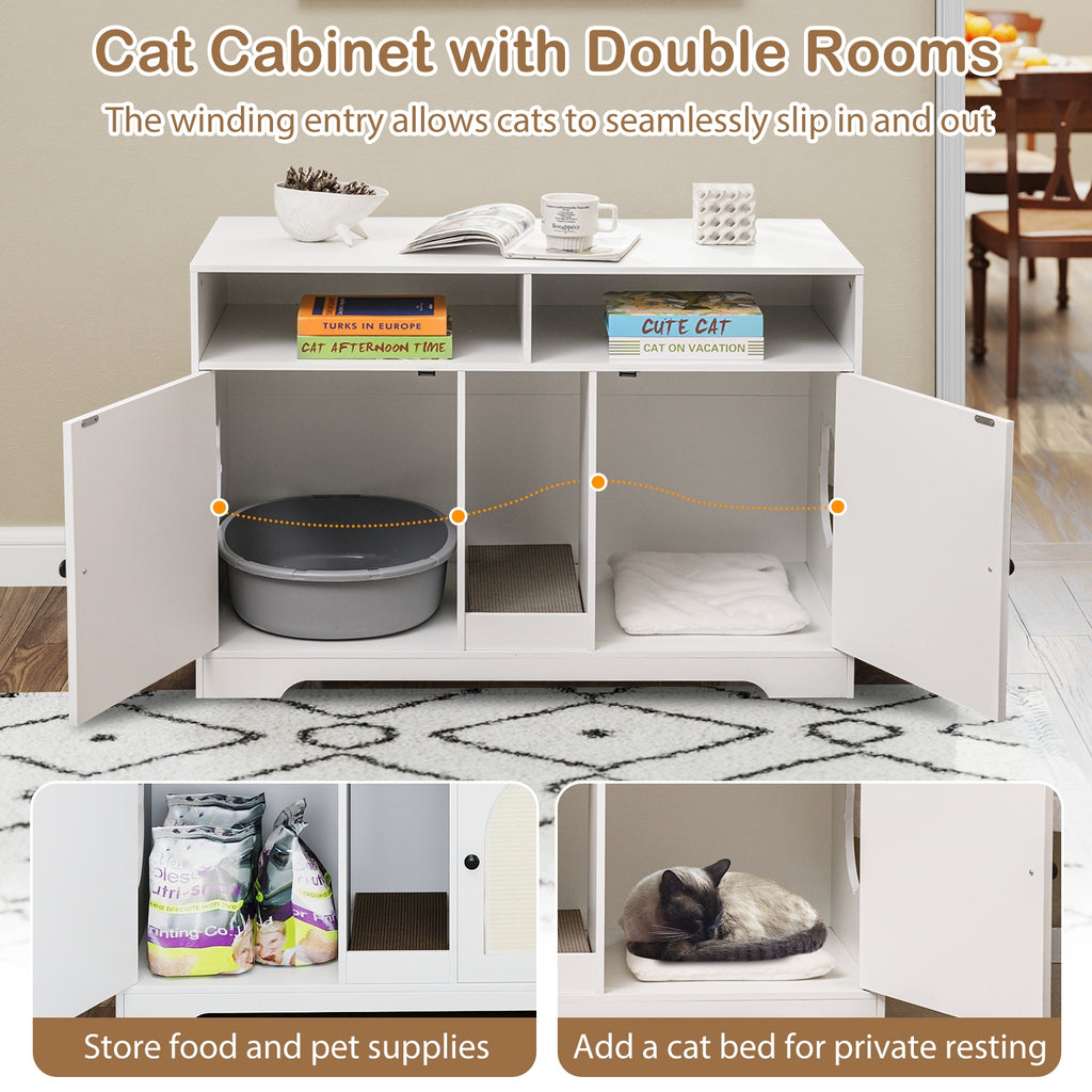 43 Inches Cat Litter Box Enclosure with Storage and Double Rooms-White