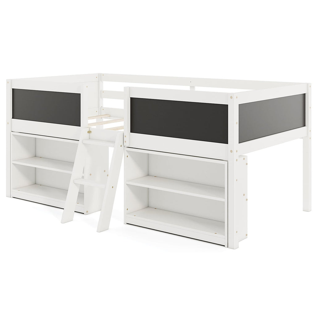 Kid Twin Size Low Loft Bed with Chalkboard Ramp Ladder and Bookcases-White