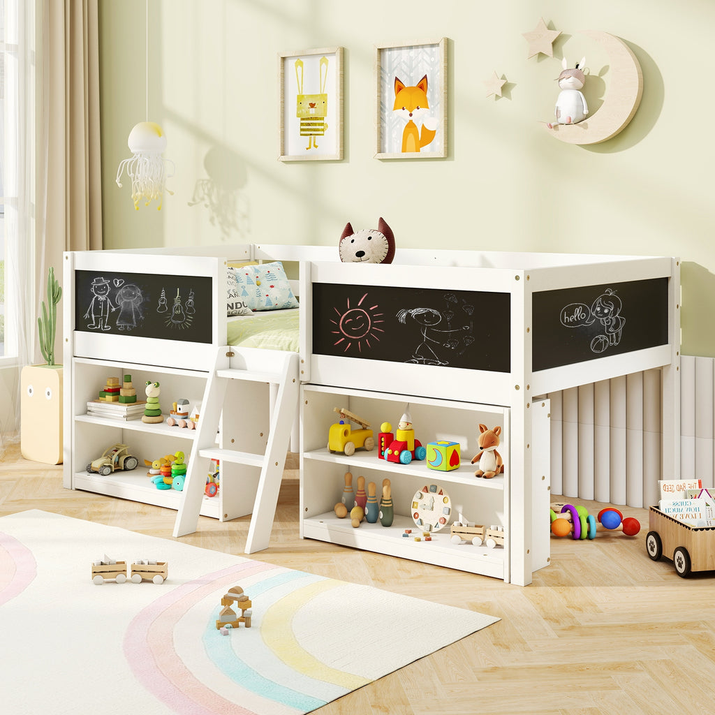 Kid Twin Size Low Loft Bed with Chalkboard Ramp Ladder and Bookcases-White
