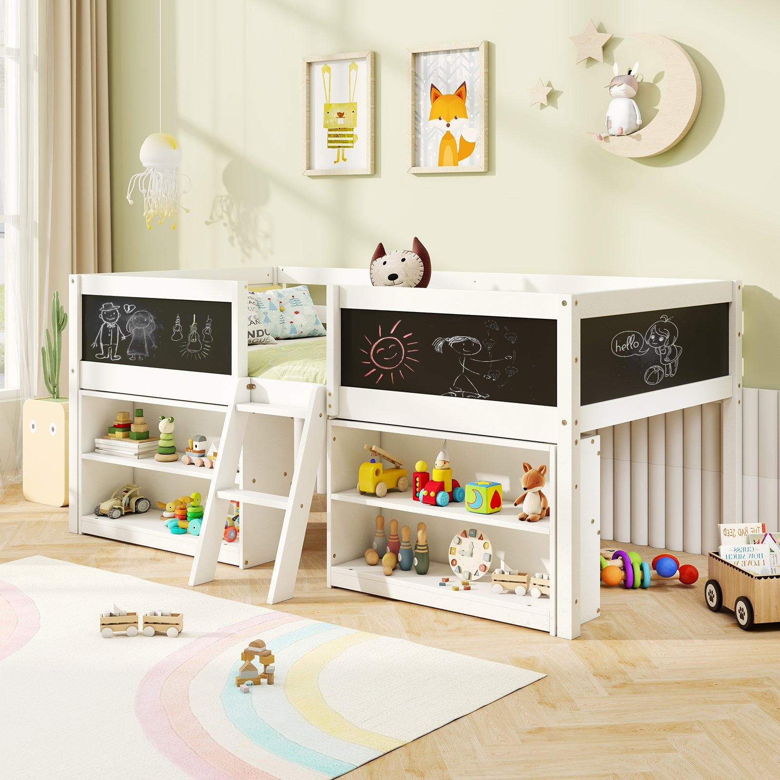 Kid Twin Size Low Loft Bed with Chalkboard Ramp Ladder and Bookcases-White