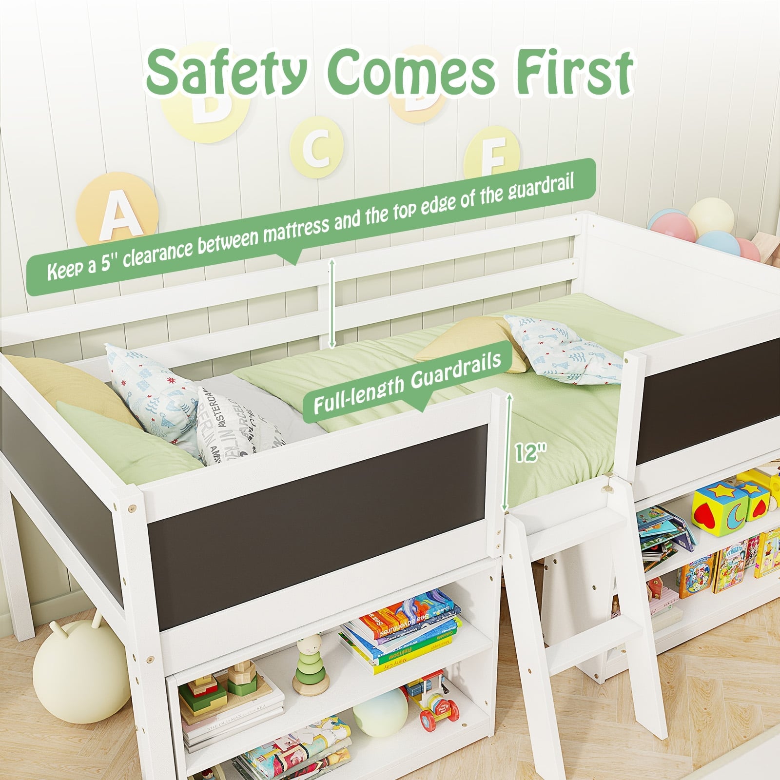 Kid Twin Size Low Loft Bed with Chalkboard Ramp Ladder and Bookcases-White