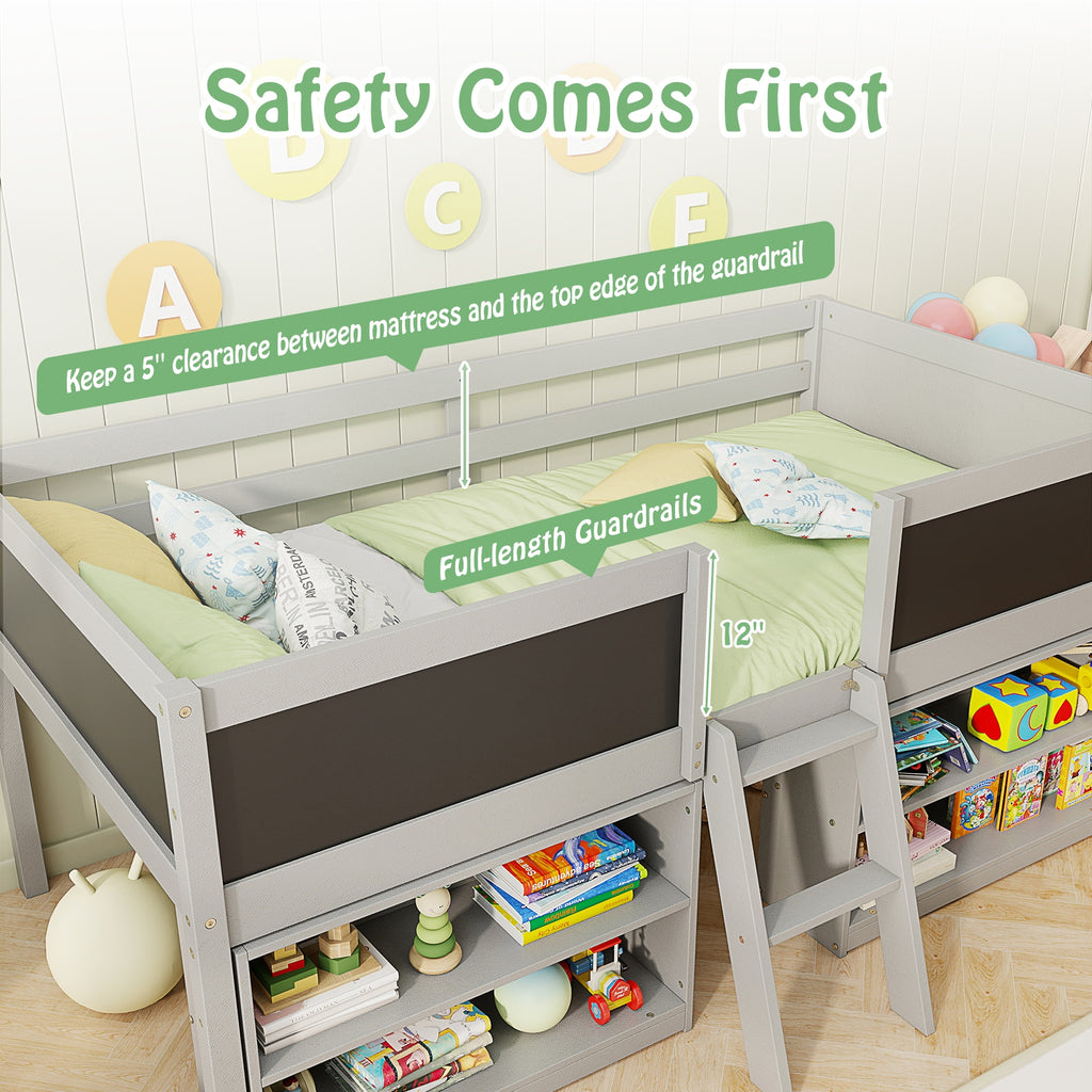 Kid Twin Size Low Loft Bed with Chalkboard Ramp Ladder and Bookcases-Gray