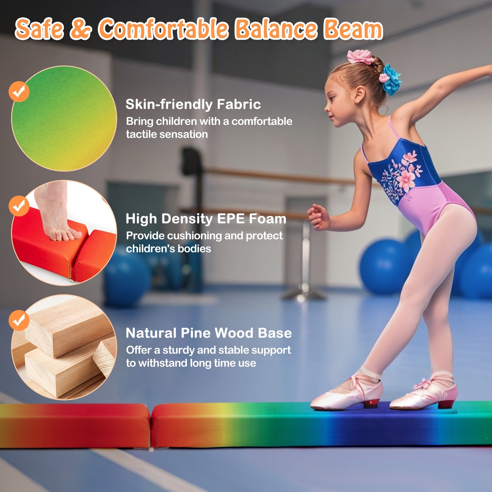 7 Feet Folding Portable Floor Balance Beam with Handles for Gymnasts-Muticolor