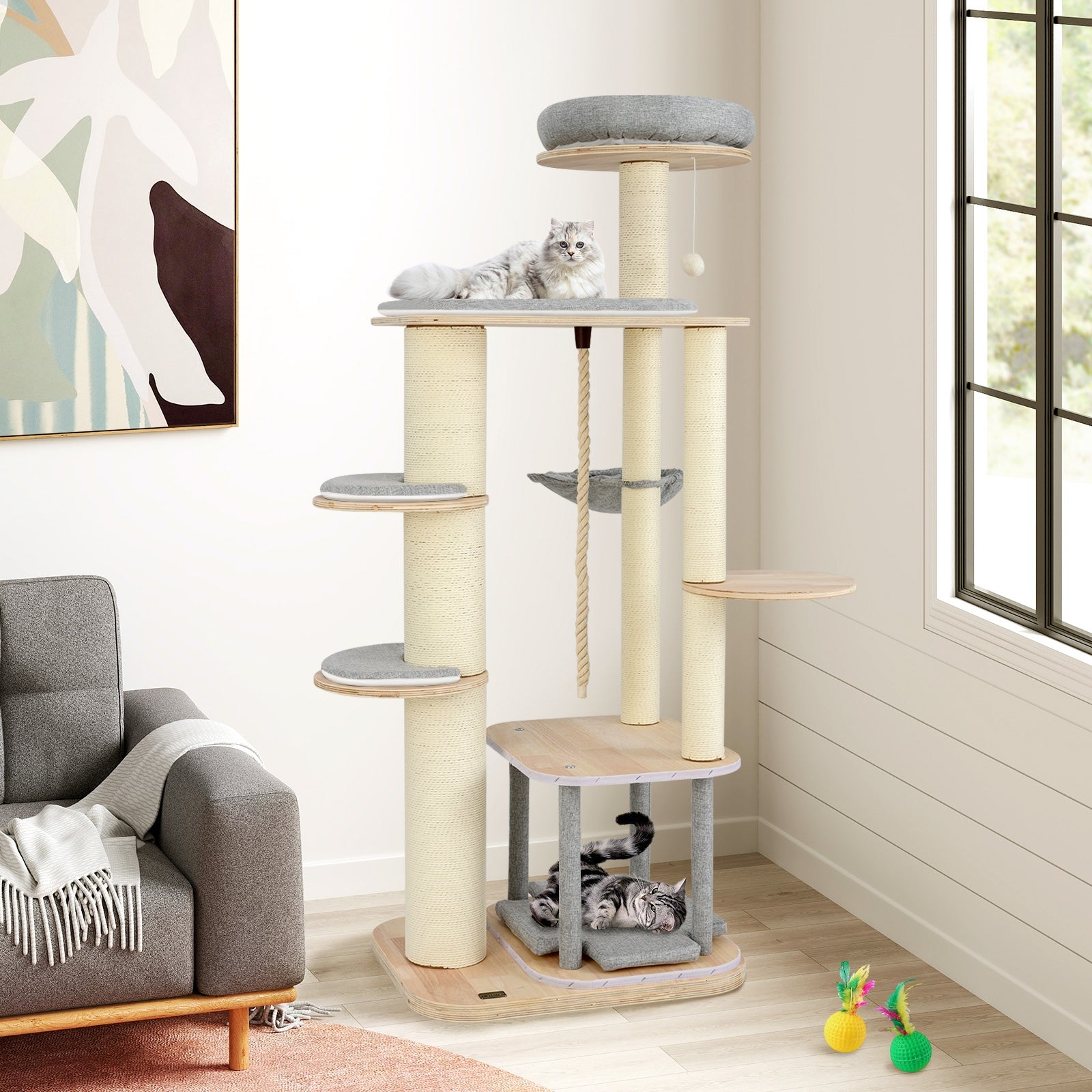 63 Inch Tall Cat Tree Modern Wooden Cat Tower with Perch Condo Hammock-Gray