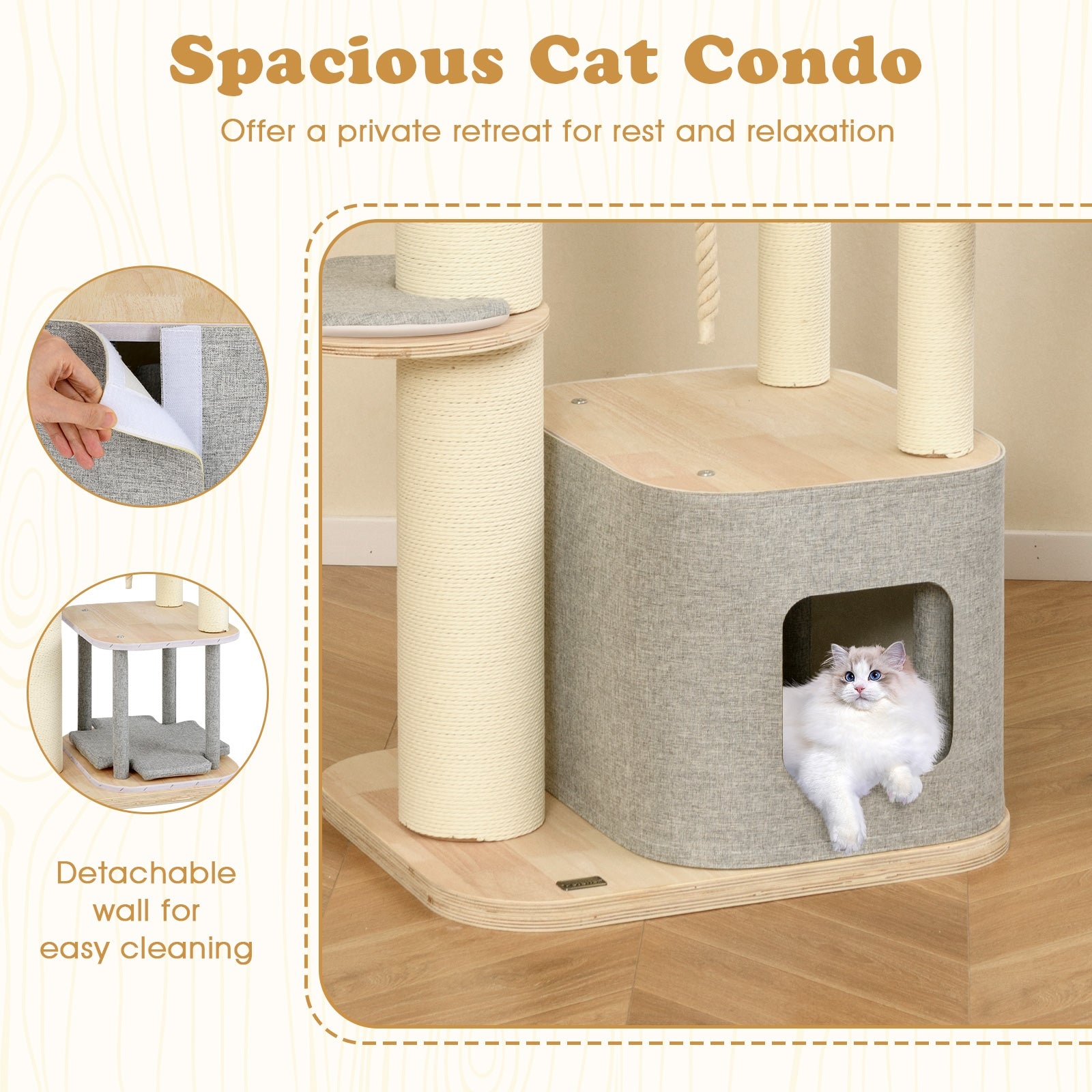 63 Inch Tall Cat Tree Modern Wooden Cat Tower with Perch Condo Hammock-Gray