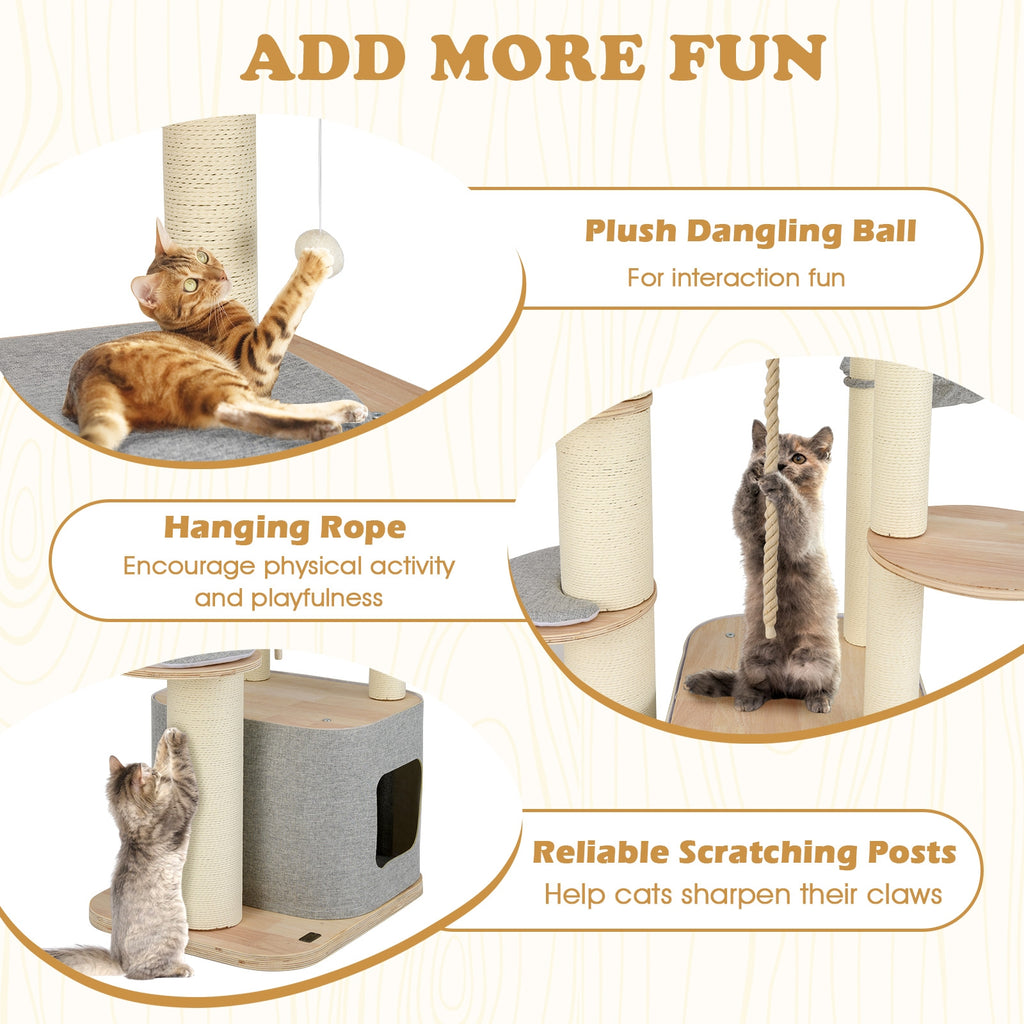63 Inch Tall Cat Tree Modern Wooden Cat Tower with Perch Condo Hammock-Gray