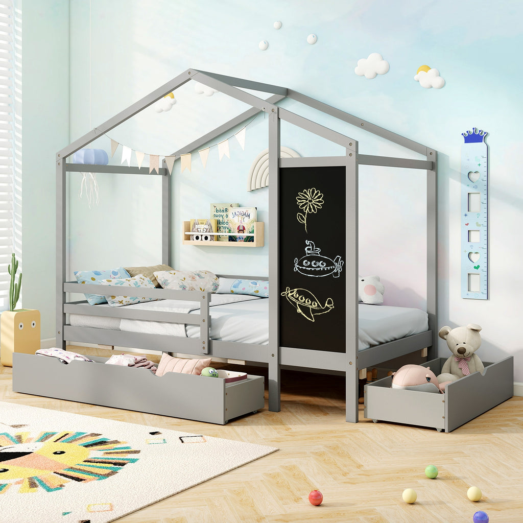 Kids Twin Size Bed with 2 Drawers Solid Wood Bed with Blackboard-Gray