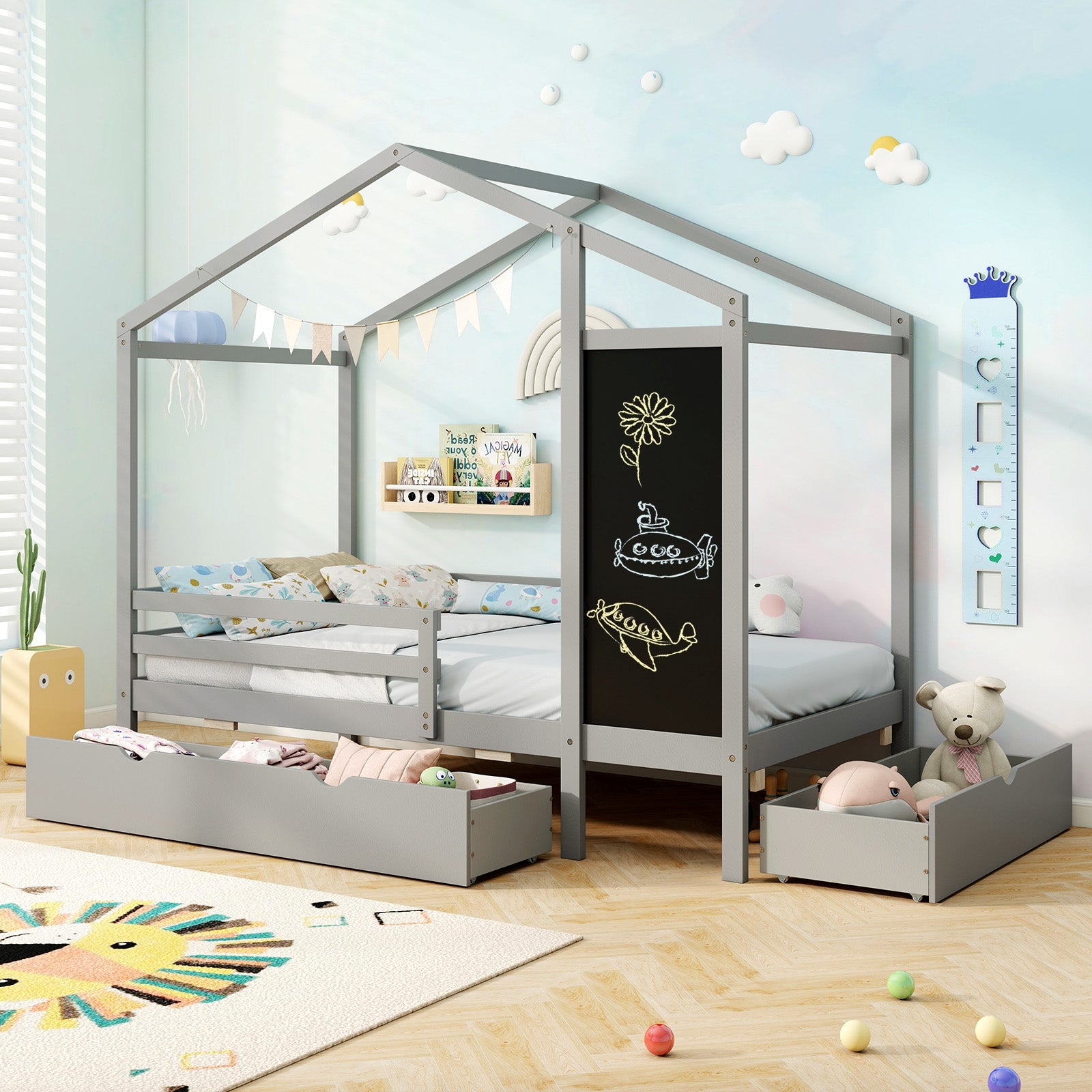 Kids Twin Size Bed with 2 Drawers Solid Wood Bed with Blackboard-Gray