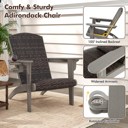 Patio Adirondack Chair with Rattan Padded Seat and Hidden Cupholder-Gray