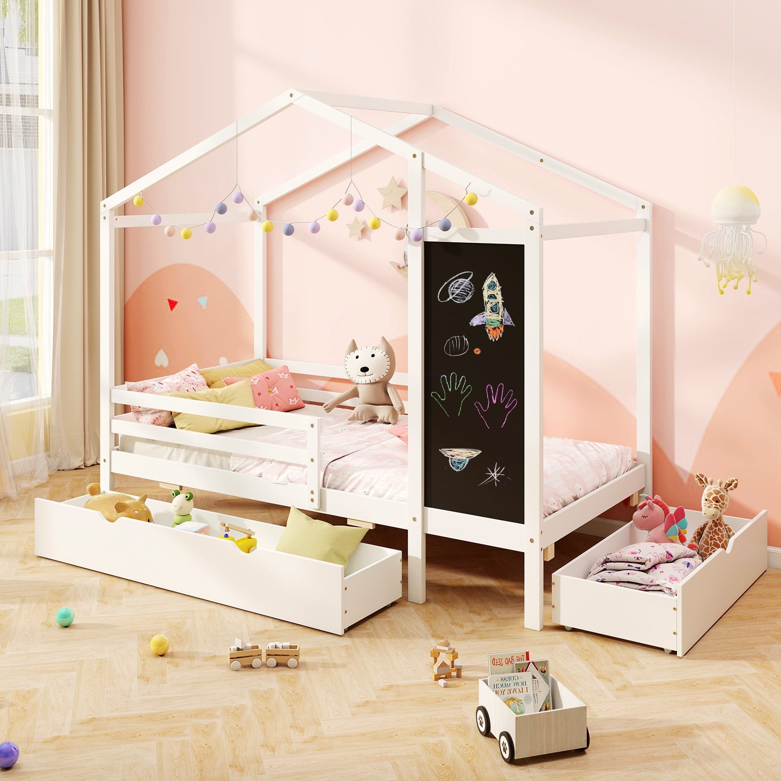 Kids Twin Size Bed with 2 Drawers Solid Wood Bed with Blackboard-White