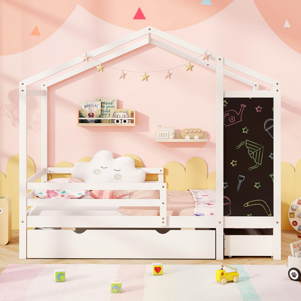 Kids Twin Size Bed with 2 Drawers Solid Wood Bed with Blackboard-White