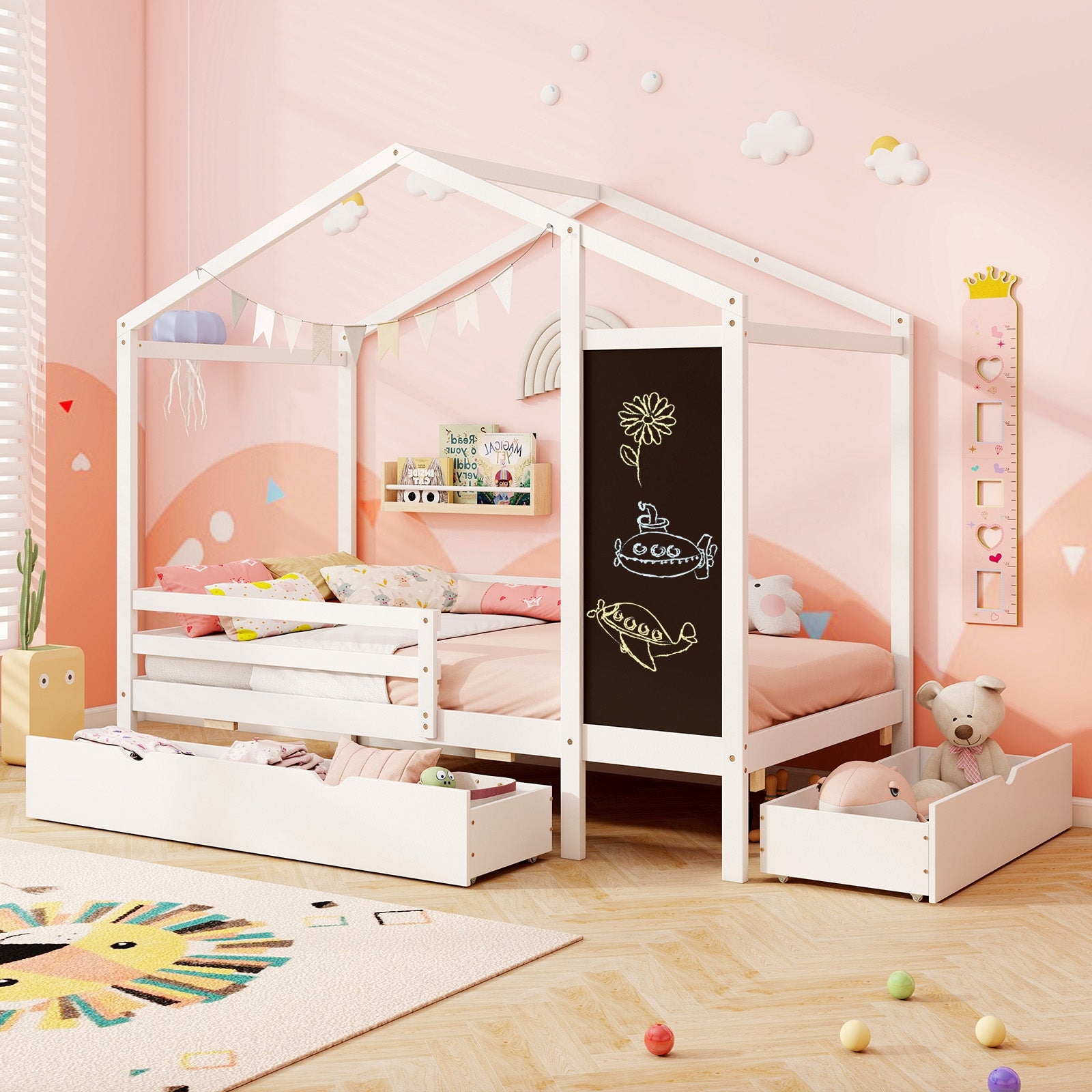 Kids Twin Size Bed with 2 Drawers Solid Wood Bed with Blackboard-White