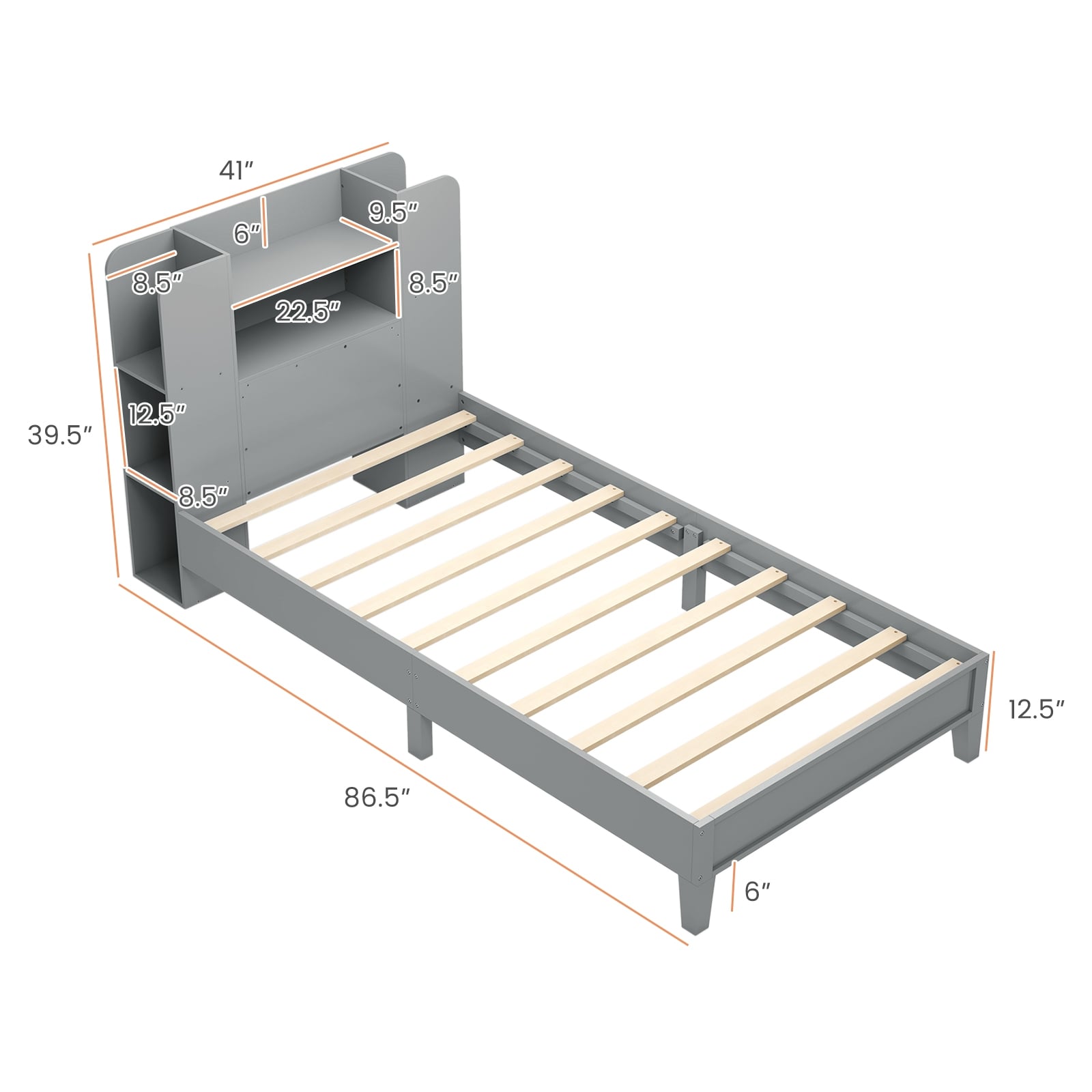 Twin Size Wooden Platform Bed Frame with Bookcase Headboard-Gray
