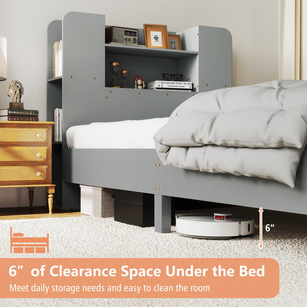 Twin Size Wooden Platform Bed Frame with Bookcase Headboard-Gray